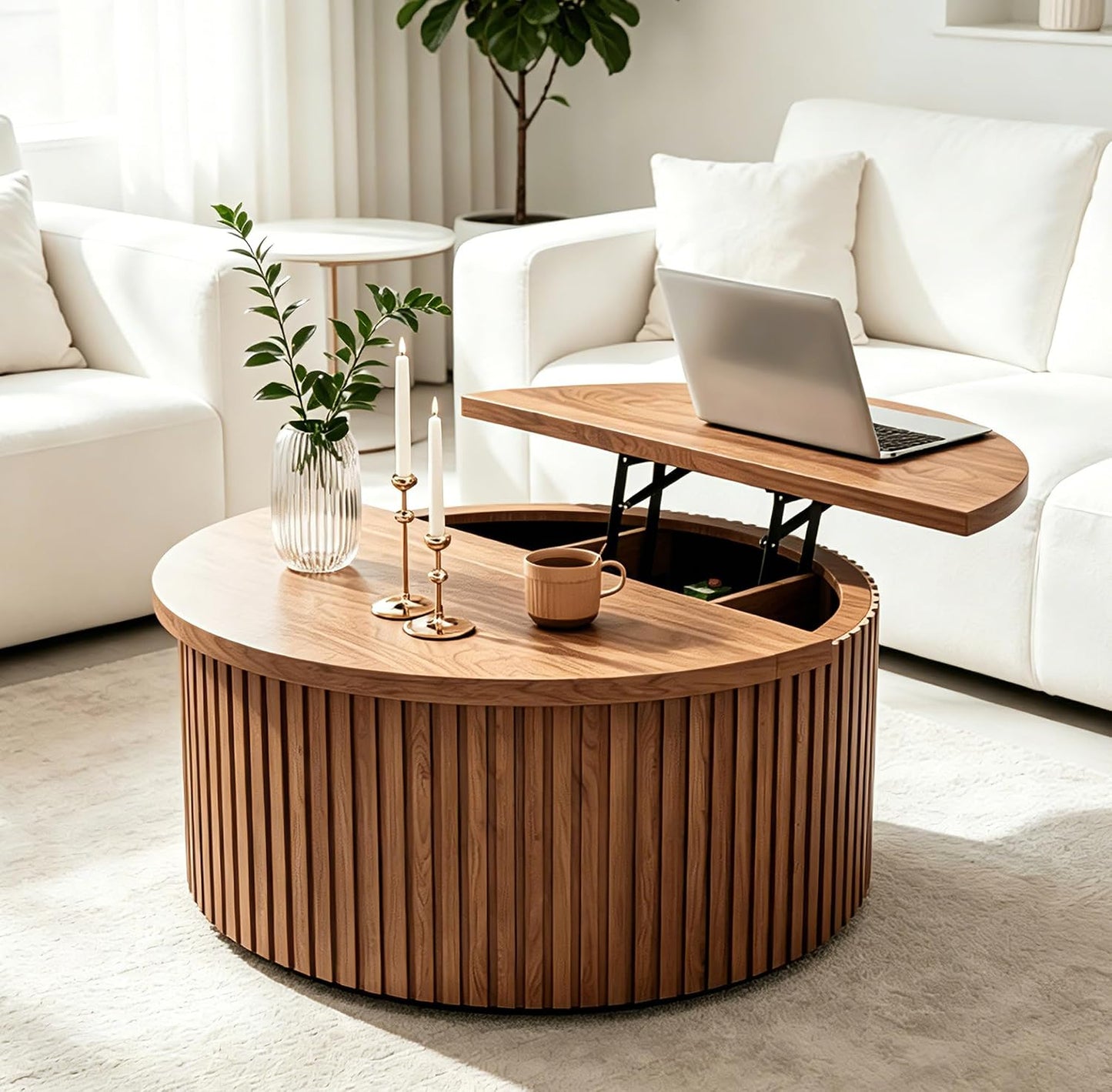 Fsbecl 34'' Round Fluted Lift Top Coffee Table with Hidden Storage, Walnut | Wooden Center Table, Lift Top Coffee Table for Living Room, Home Decor