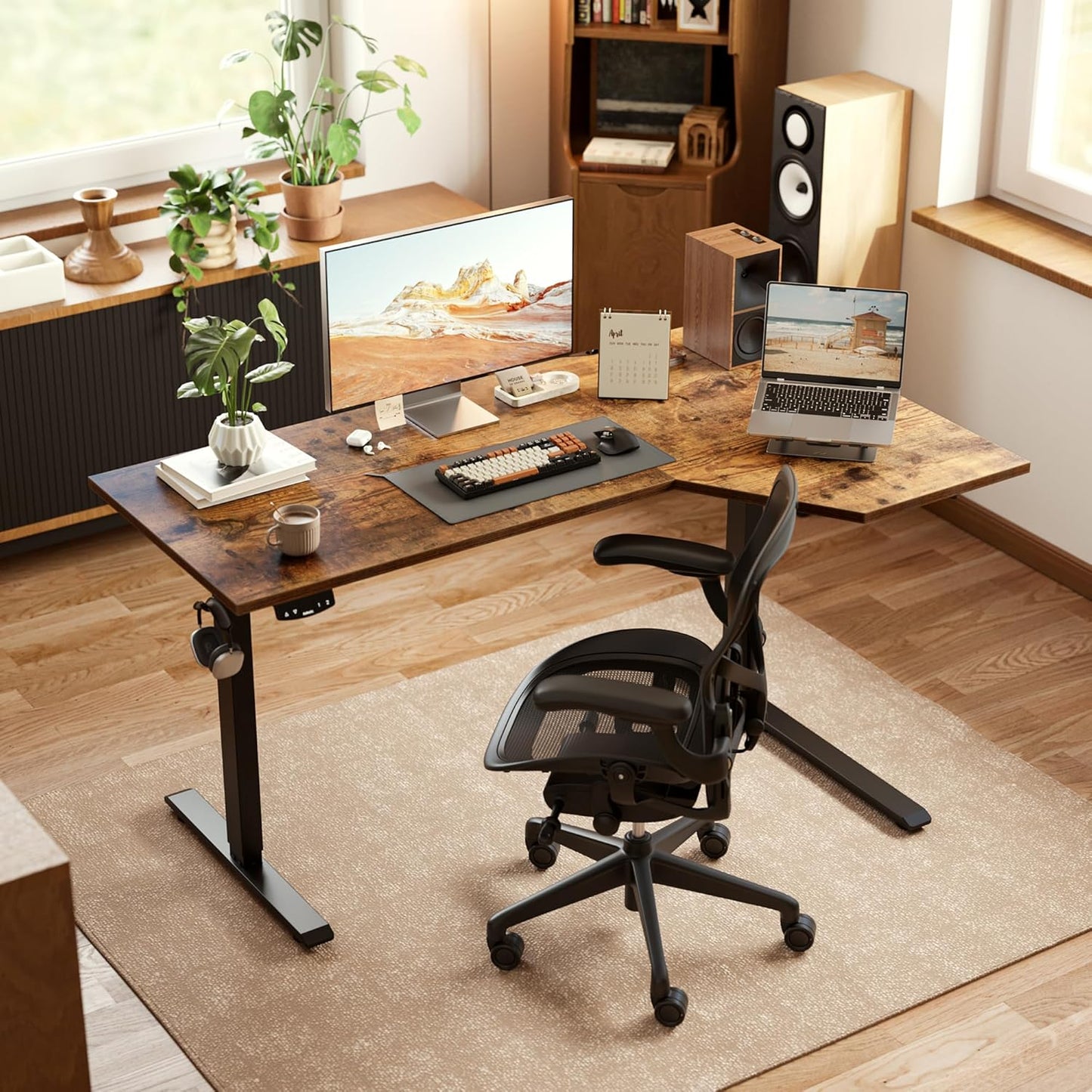 Agilestic Electric Standing Desk, Height Adjustable Desk, 55 x 32 Inch Sit Stand up for Work Office Home, L Shaped Ergonomic Rising Computer Table with Memory Preset, Rustic Brown