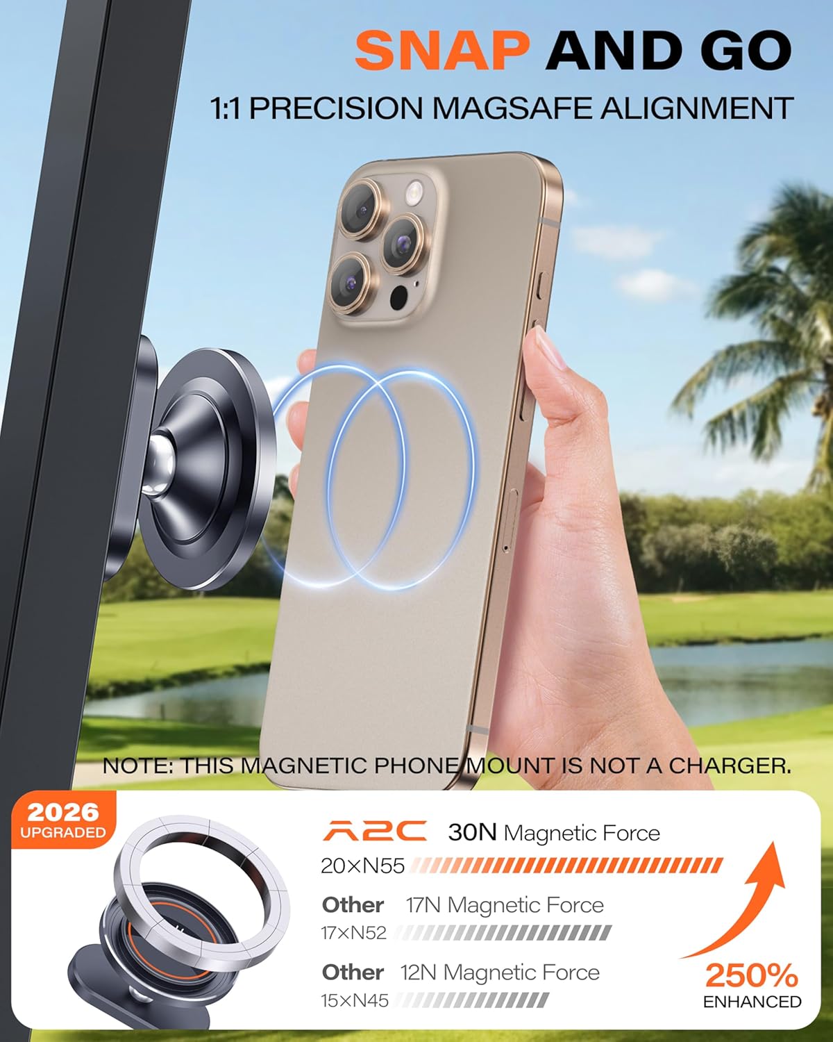 A2C Alloy Magnetic Golf Cart Phone Holder for MagSafe iPhone, Unique Fathers Day Golf Gifts for Men Dad Him Husband Ladies Her Golfers, Golf Accessories Essentials Gadgets Fits EZGO, Club Car, Yamaha