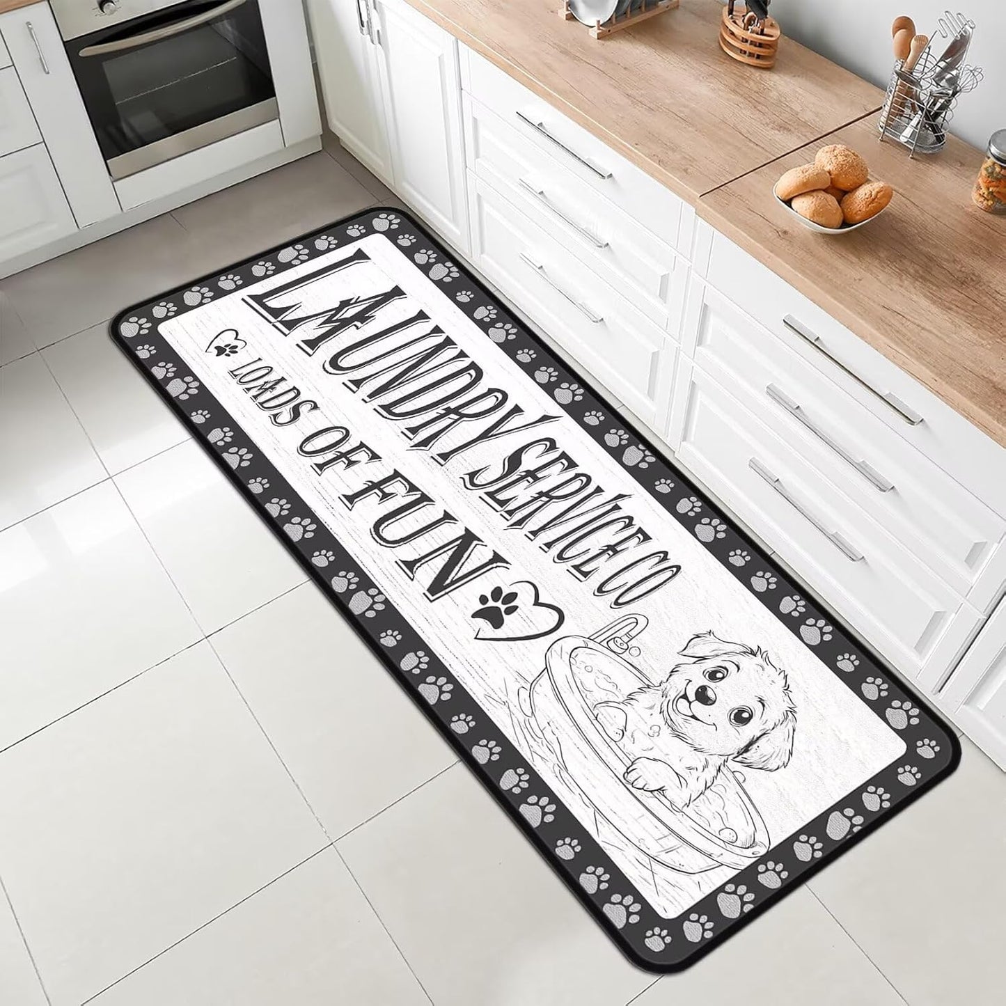 Dog Paw Laundry Room Rug Runner 20"x47" Gray, Non Slip Rubber Backing, Machine Washable Floor Mat for Laundry, Bathroom, Entryway, Mudroom
