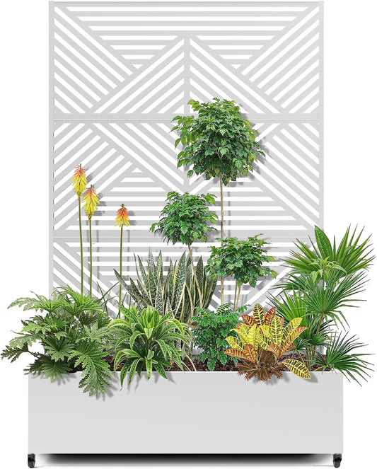 15.7"×70.9"×47.2" Metal Raised Garden Bed with Trellis and Wheels - Tall Trellis Planter Box for Climbing Plants, Vegetables & Vines - Outdoor Privacy Planters for Patio (White-Zodiac)