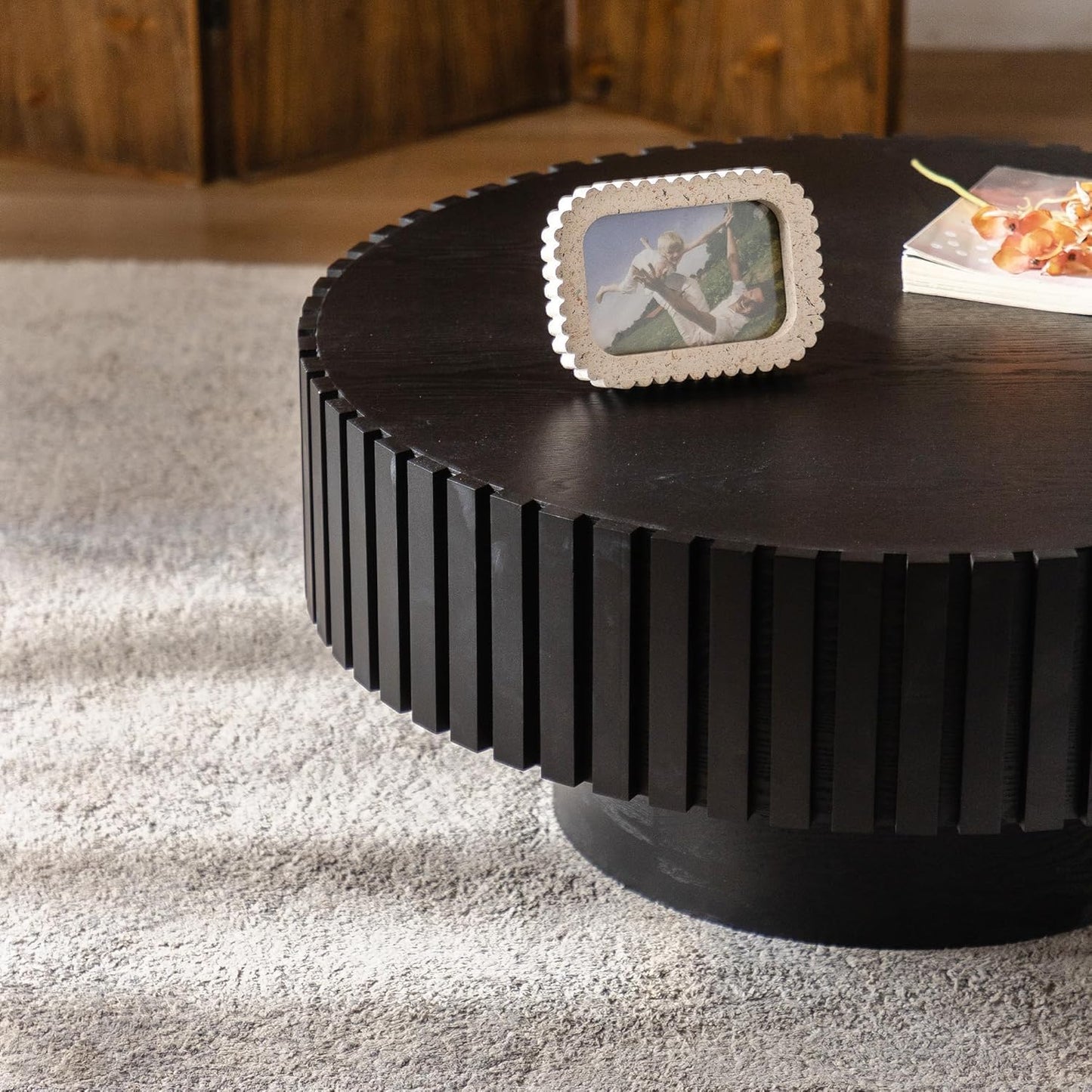 Round Fluted Coffee Table (Circle Black 31.5in) | Round Drum Coffee Table for Living Room | Modern Circular Pedestal Center Table