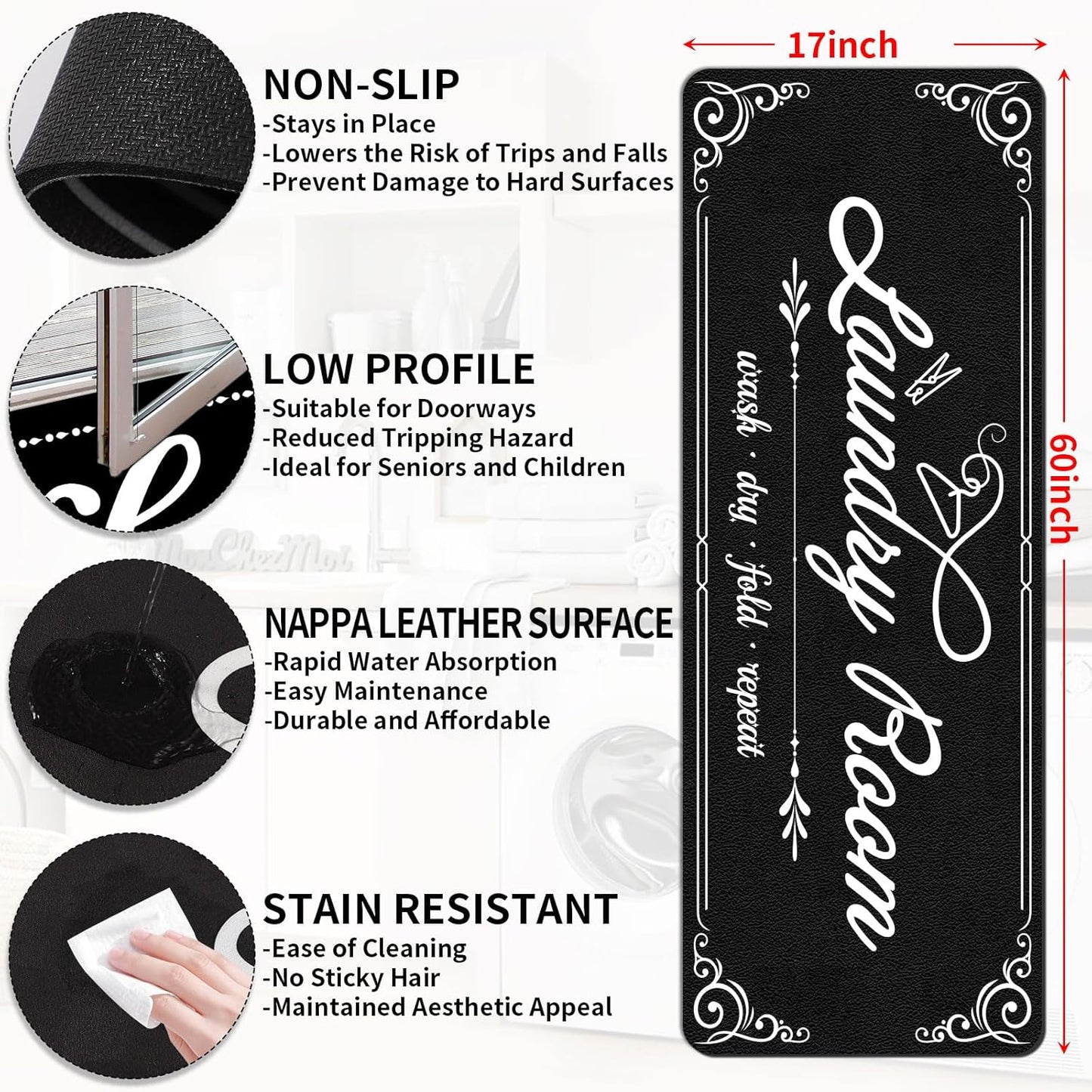XLHOMO Laundry Room Rug Runner, 17"x60" Non Slip Black Nappa Leather Laundry Rugs, Farmhouse Washable Floor Laundry Mats for Laundry Room, Kitchen, Washroom, Bathroom, Mudroom, Hallway Entryway Decor