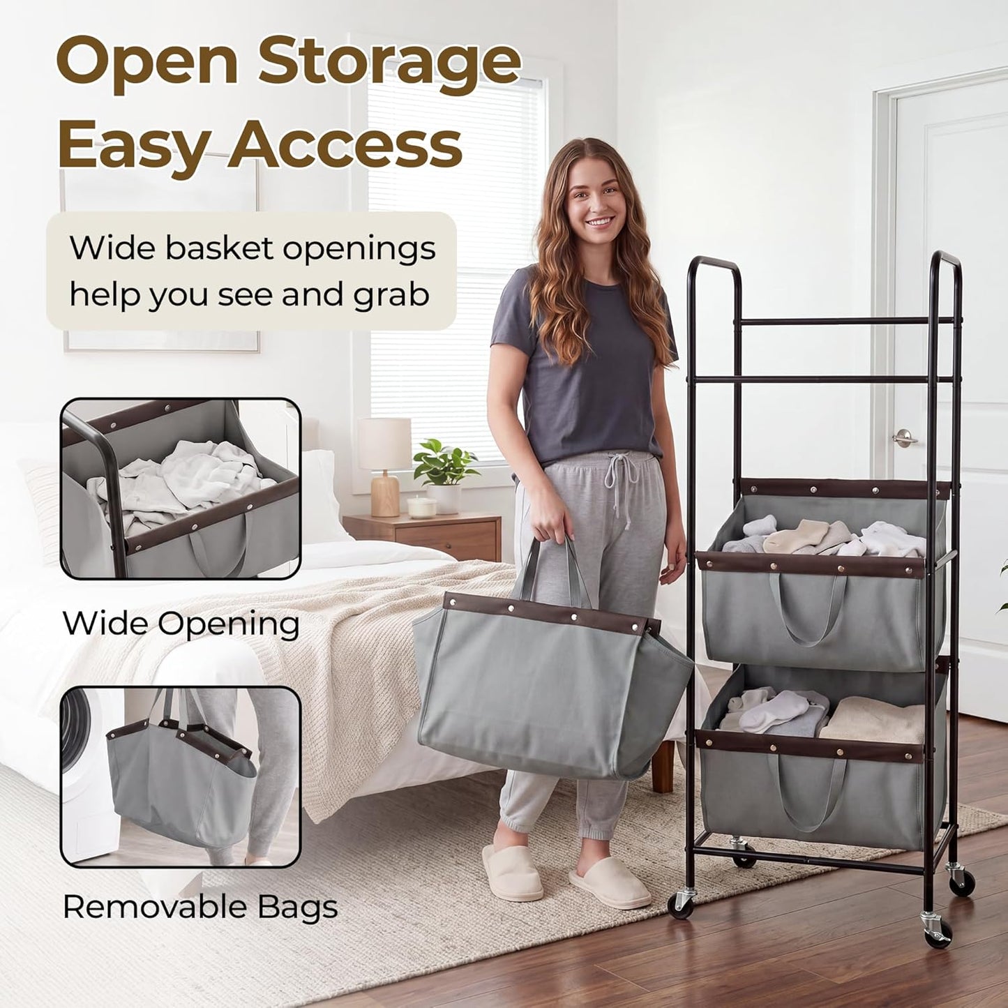 GRANNY SAYS 3 Section Tiered Laundry Sorter, Slim Vertical Laundry Hamper with Wheels, Narrow Rolling Laundry Cart with Removable Bags for Laundry Room, Bathroom, Closet, Dorm, Grey