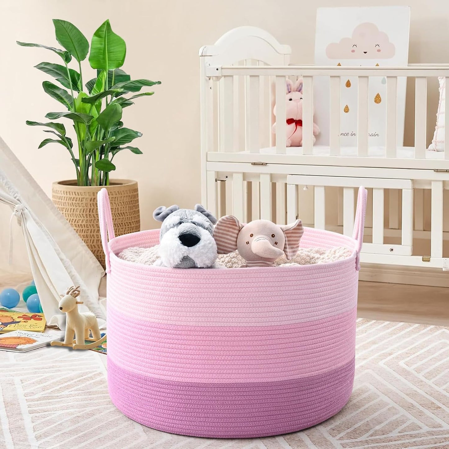 67L Large Woven Blanket Basket, Cotton Rope Baby Laundry Hamper with Handles, Kids Toy Basket for Classroom & Nursery, Soft Round Stuffed Animal Storage, Dog Toy Bin - 20"x13", Pink