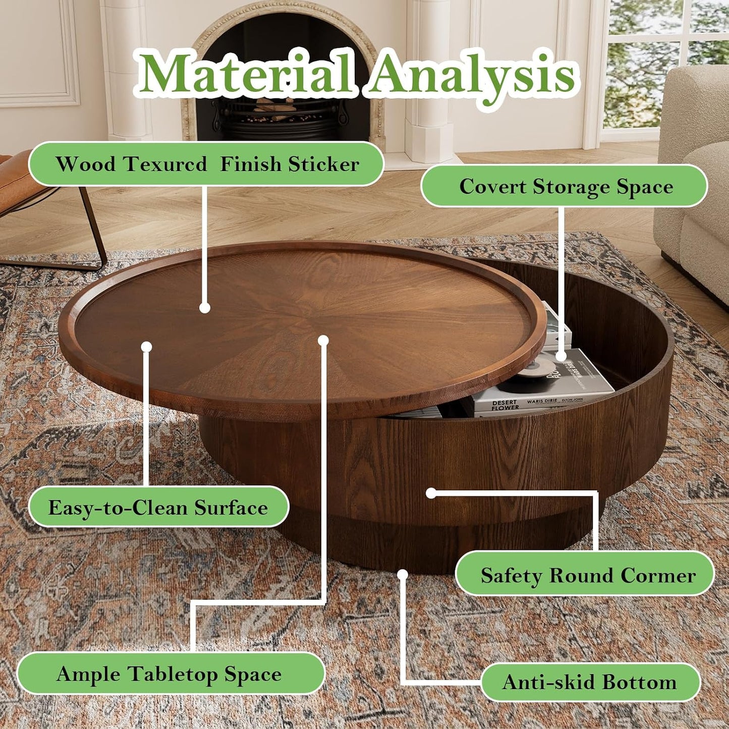 30.7" Round Coffee Table with Storage (Circle Storage Table 30.7in) | Modern Stylish Circle Storages Coffee Table with Solid Wood Veneered | for Living Room Study Balcony Farmhouse