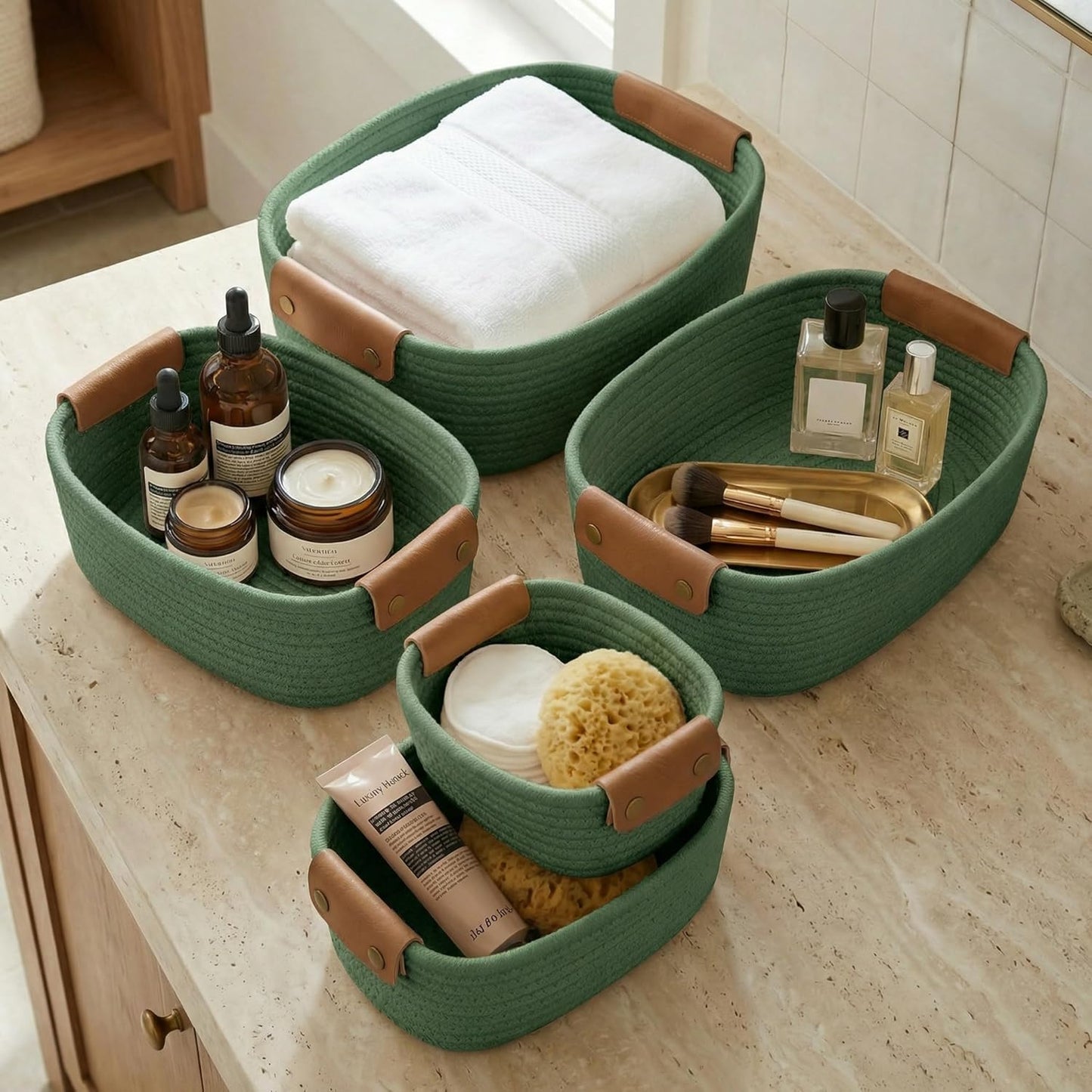 Beautiful Storage Basket Set of 5 - Sturdy Jute Rope Baskets for Shelves Are Perfect for Organizing Your Home - Quality Storage Bins Easily Fit With Any Nursery or Bedroom Decor