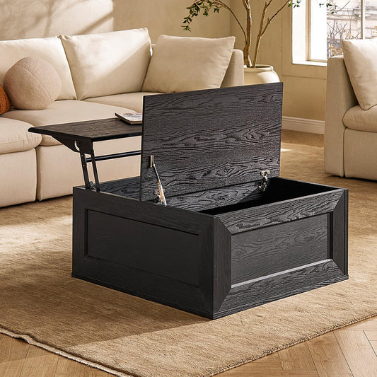 mopio Blake Lift Top Coffee Table with Storage, Modern Farmhouse Square Wood Center Coffee Table with Easy Lifting Top, Chamfered Edge & Soft Closing (Black Oak)