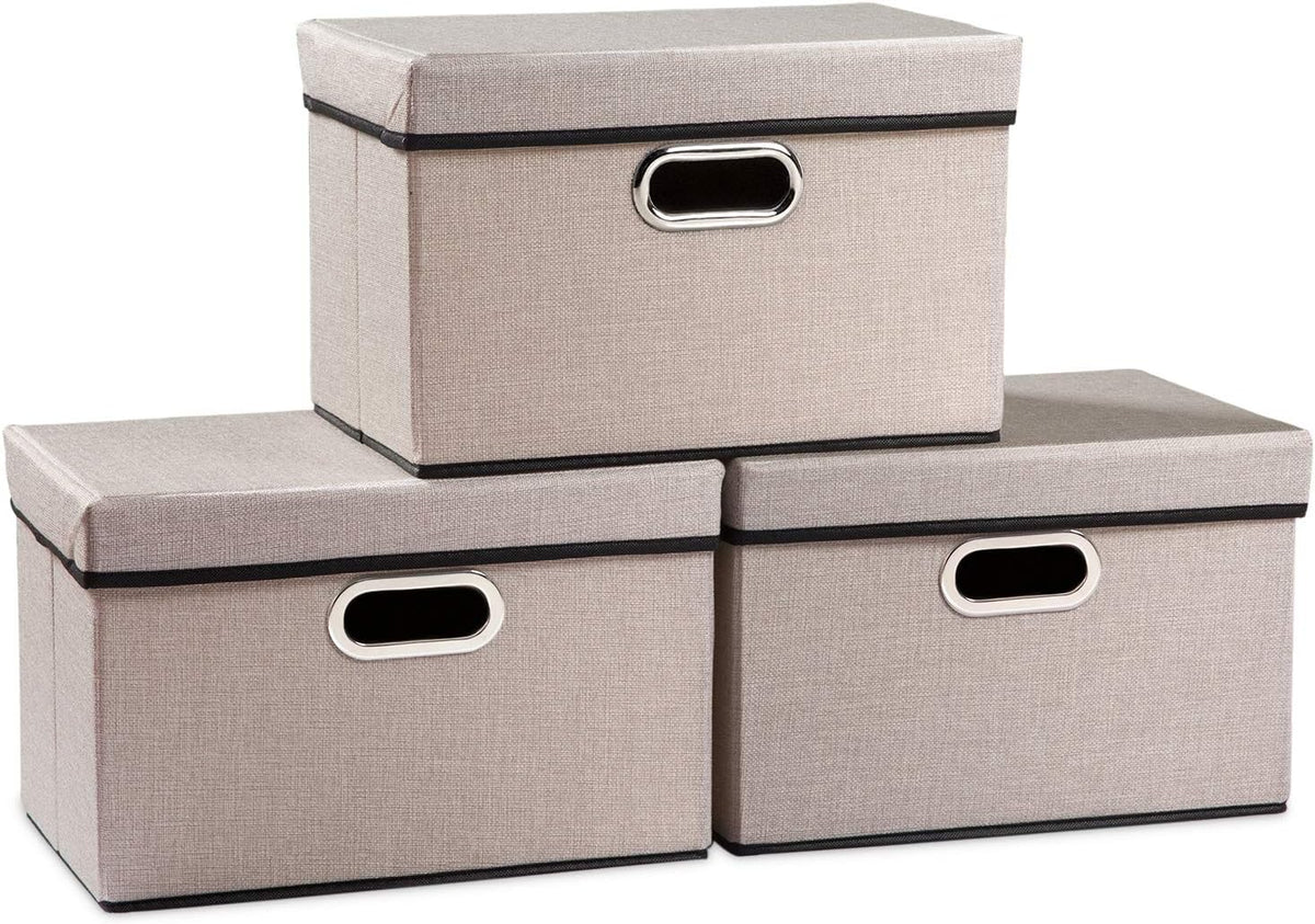 PRANDOM Foldable Storage Bin with Lid [3-Pack] Linen Fabric Decorative Storage Box Organizer Container Basket Cube with Handles Divider for Closet Office Living Room Light Grey(14.9x9.8x9.8)