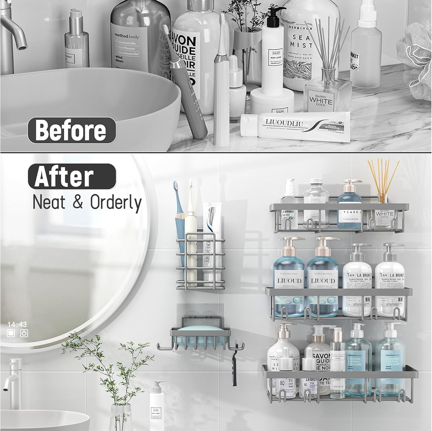 Liuoud 5 Pack Shower Caddy Organizer Rack Shelf for Inside Shower, Self Adhesive Bathroom Wall Storage Basket Rustproof Stainless Steel Large Capacity Shampoo Holder, Grey