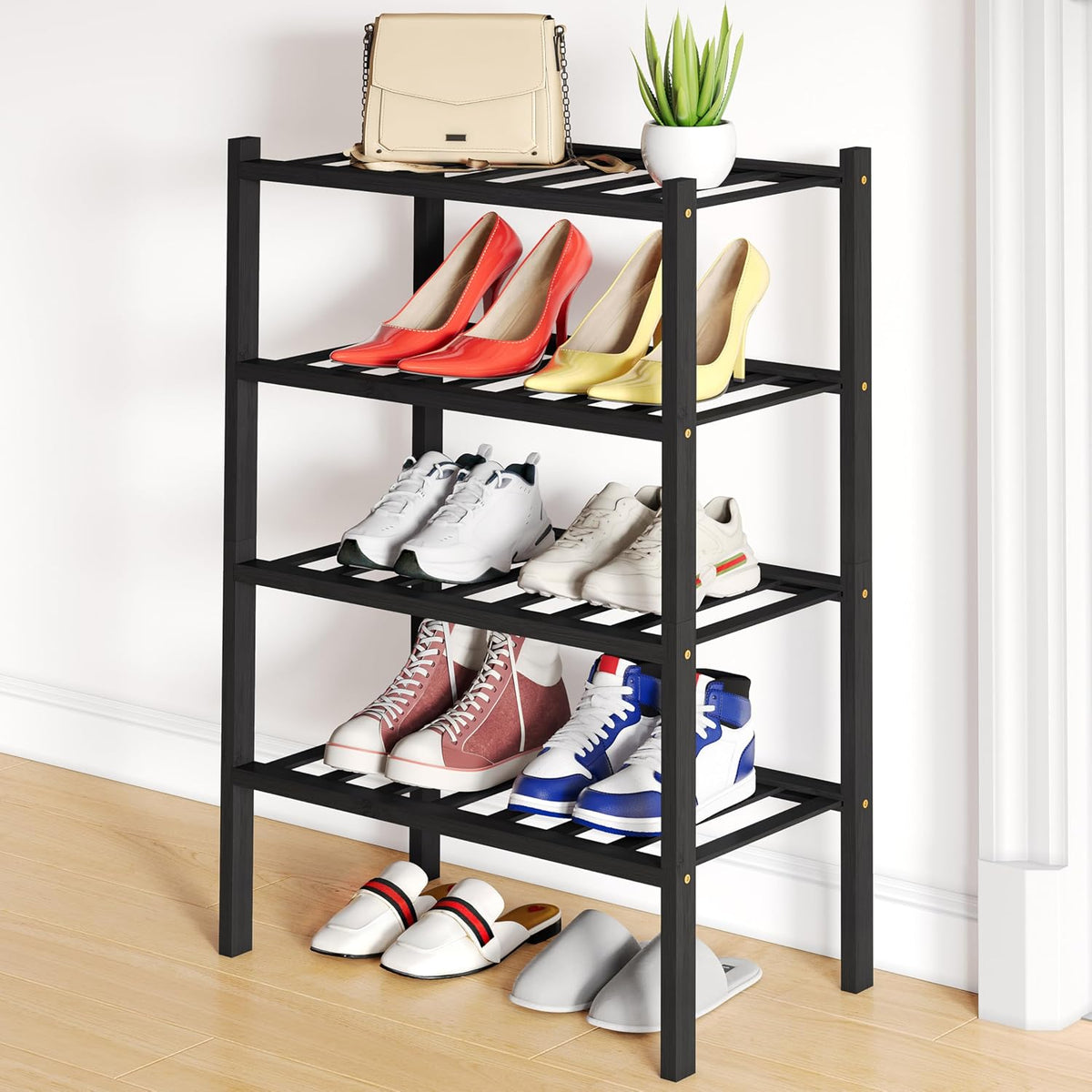 Smiry Bamboo Shoe Rack, 8 Vertical Slats, 4 Tier - 17.3" Wide, Black