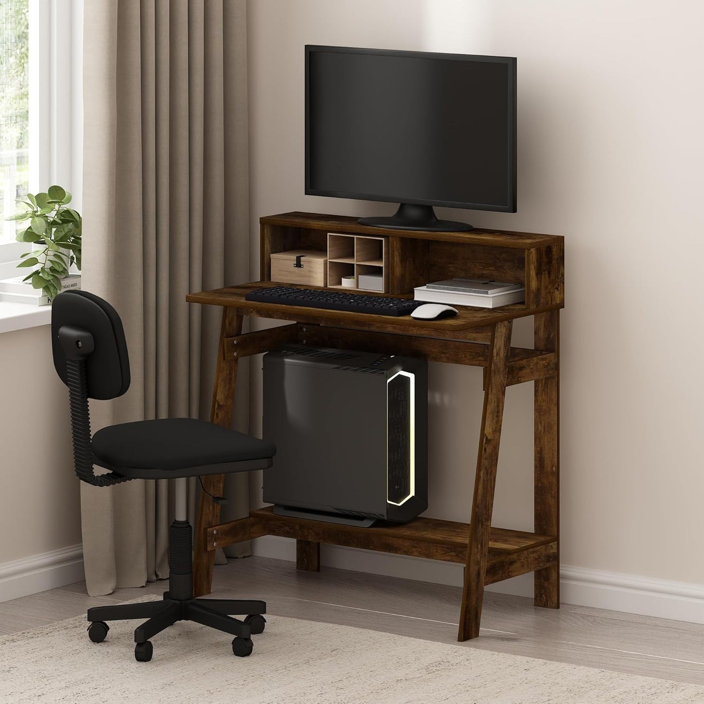 Furinno Simplistic Desk, 32" Wide Gaming Desk with Monitor Stand, A Frame Computer Desk with Shelf, Office Desk for Home Office, Bedroom, Study Room, Dorm, Amber Pine