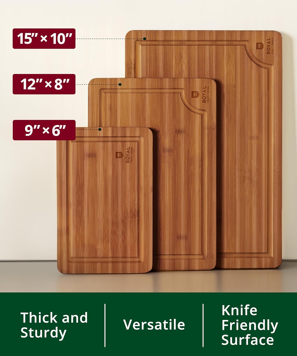 ROYAL CRAFT WOOD Wooden Cutting Boards for Kitchen Meal Prep & Serving - Non Toxic Bamboo Wood Cutting Board Set with Deep Juice Groove Side Handles - Charcuterie & Chopping Butcher Block for Meat