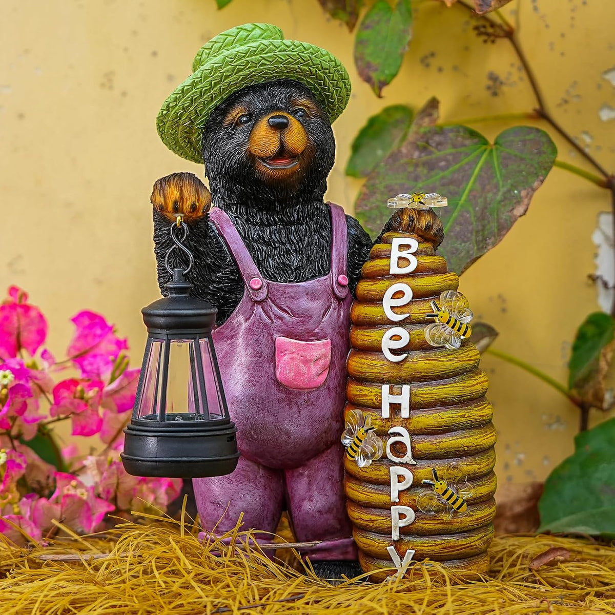 Joint Honglin Honey Bear Garden Statue with Lighted Beehive & Lantern