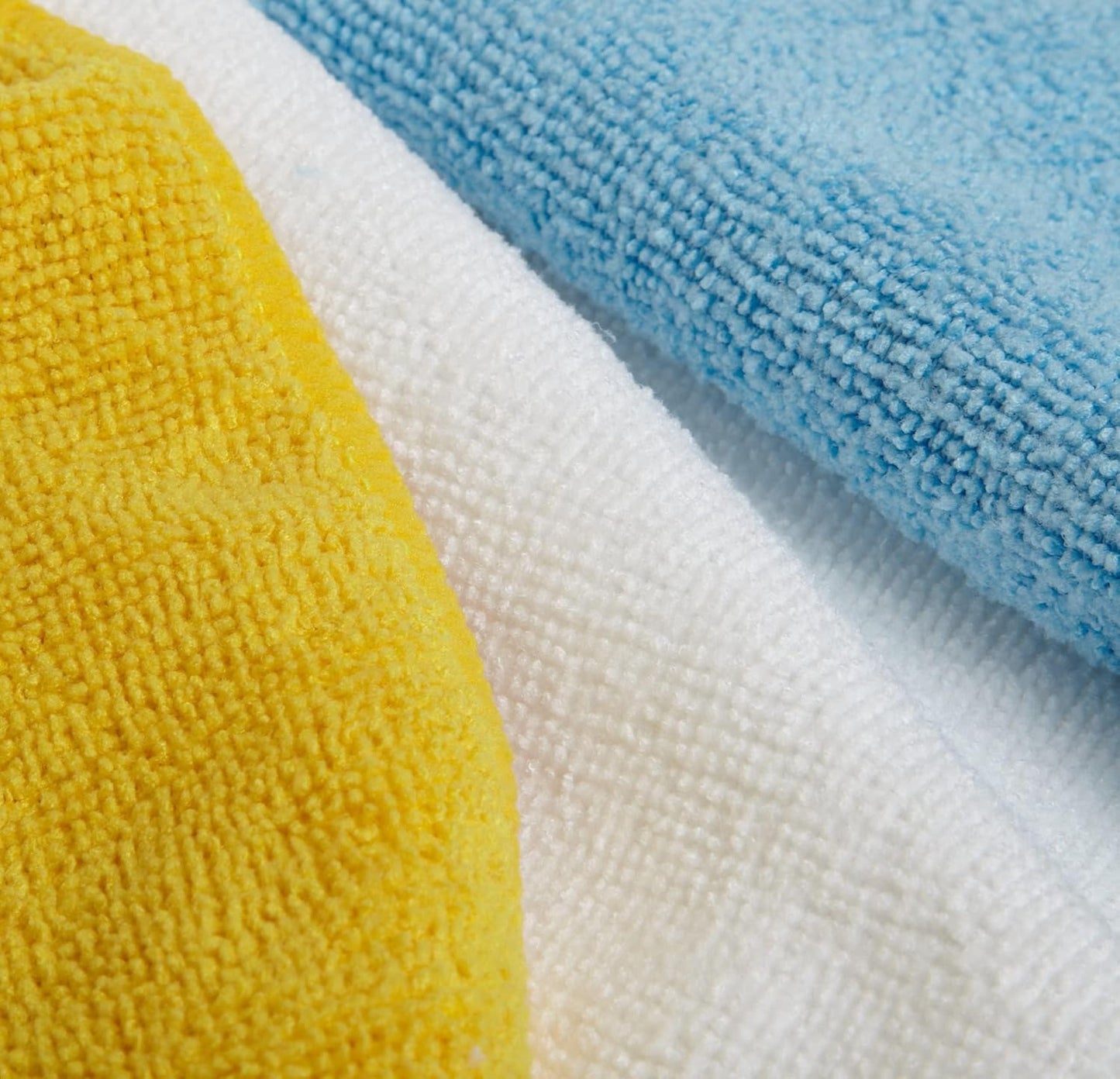 Amazon Basics Microfiber Cleaning Cloths for Cars, Non-Abrasive, Highly Absorbent, Lint and Scratch-Free, Reusable and Washable, Car Detailing Towels, 16" x 12", Blue/White/Yellow, 144-Pack