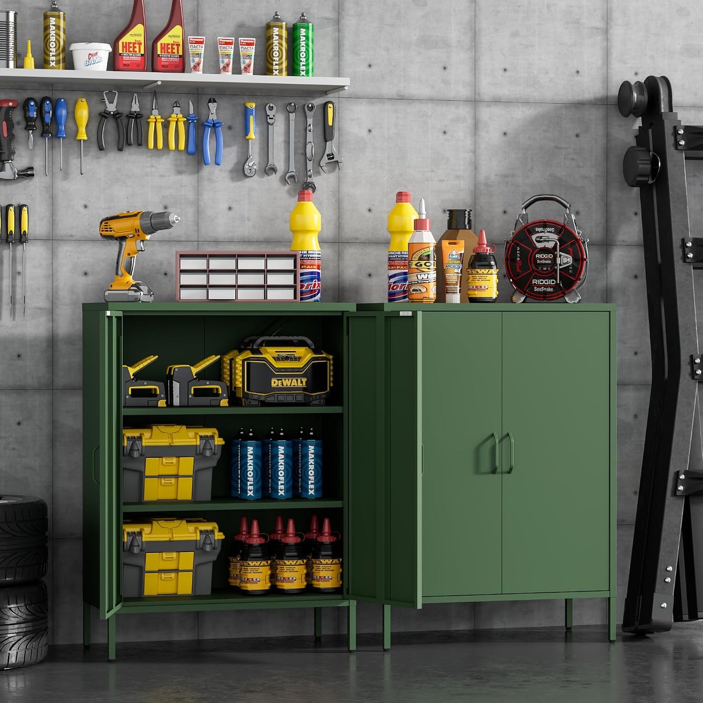 Metal Locker Storage Cabinet, Accent Sideboard Cabinet with Adjustable Shelves for Home Office, Garage, Kitchen, Living Room (Green, 40" H-Metal Doors)