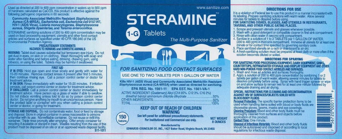 6 Bottles Steramine Sanitizer Tablets w/15x QT-10 Test Strip - Multi Purpose Steramine Sanitizing Tablets for Food Contact Surface, Kitchen, Restaurant, Diner & Food Service by FryOilSaver (900 Count)