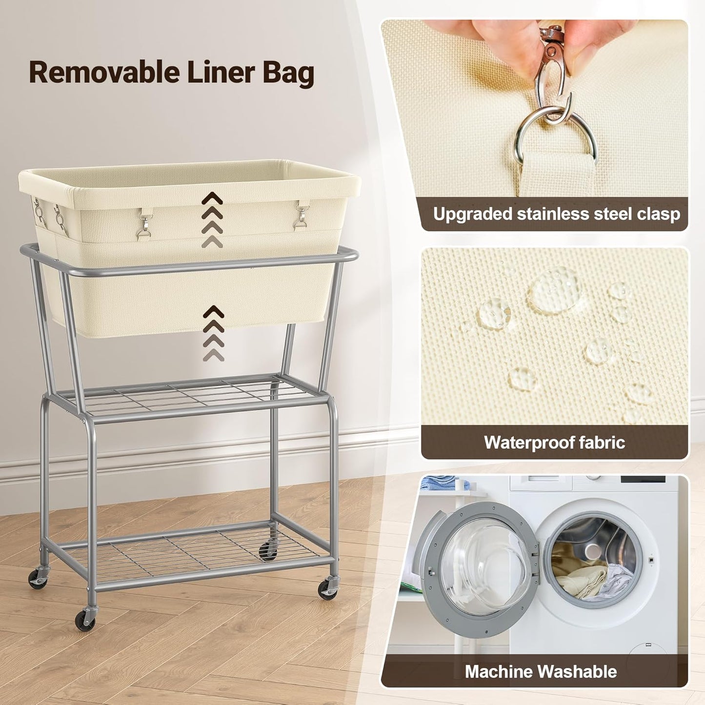 ELYKEN Rolling Laundry Hamper with Wheels, 32-Gallon (122L) Laundry Cart with Removable Bag, 2-Tier Clothes Basket Hamper with Shelf for Closet, Bedroom, Bathroom, Laundry Room, Cream