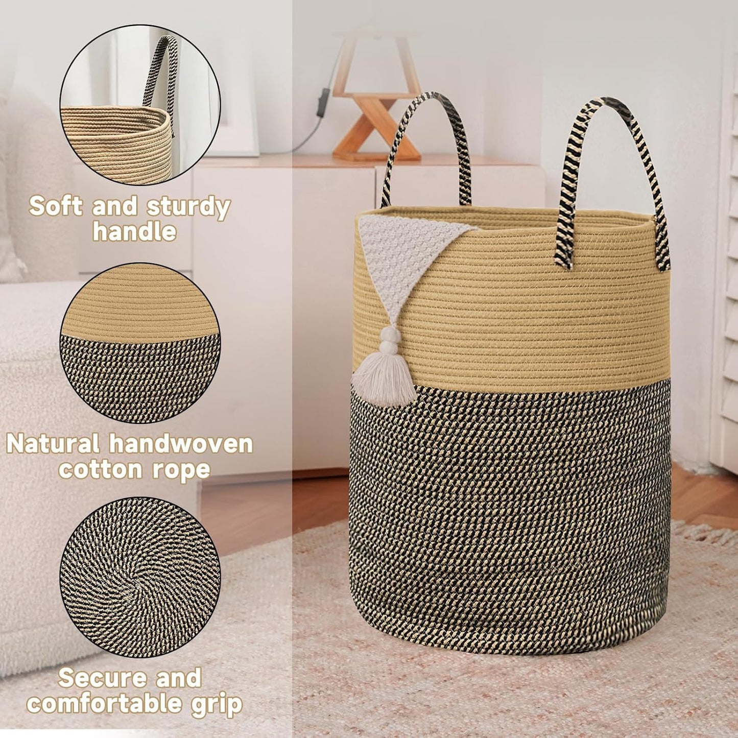 JMvicyroam Large Woven Laundry Basket Hamper,60L Cotton Rope Storage Bin for Blankets,Toys and Clothes,Decorative Tall Nursery Hamper for Living Room,Baby Nursery,Bathroom and Bedroom,Brown and Black