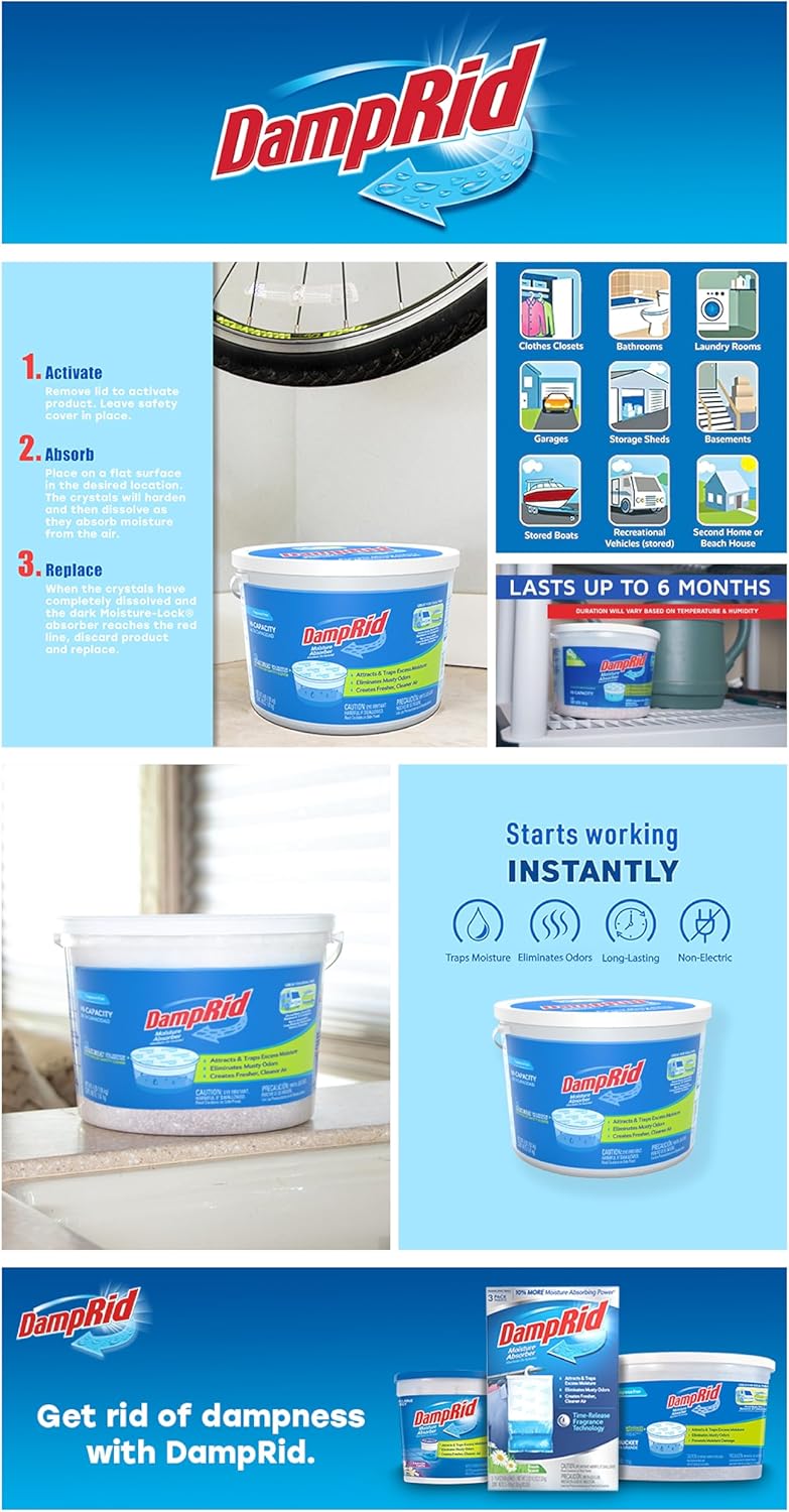 DampRid Moisture Absorber Hi-Capacity Bucket, 2 lb 15.5oz, Fragrance Free, For Fresher, Cleaner Air in Large Spaces, Lasts Up To 6 Months, No Electricity Required