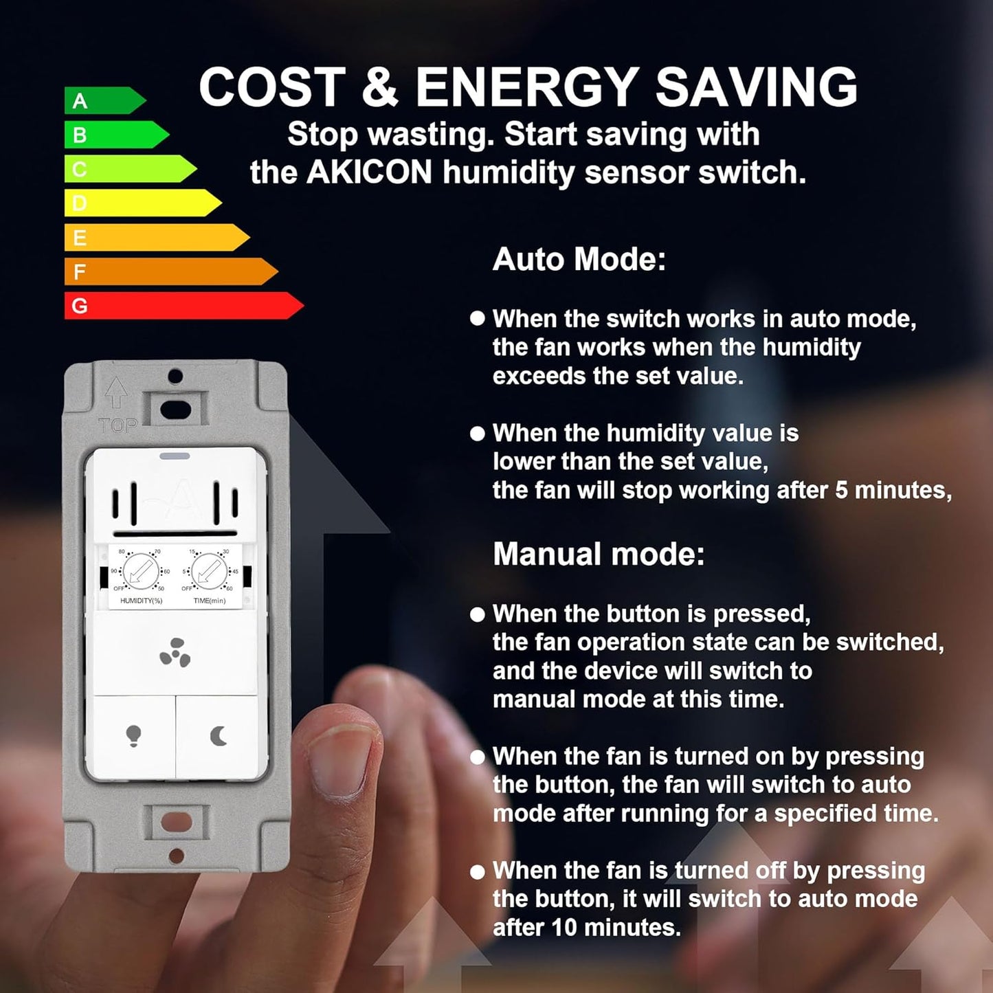 Akicon Humidity Sensor and Light Switch for Bathroom Exhaust Fan, Ventilation Fan, LED Light, Night Light, Air Moisture Control,Timer Switch for Bathroom Fan, 3A, UL Listed, White
