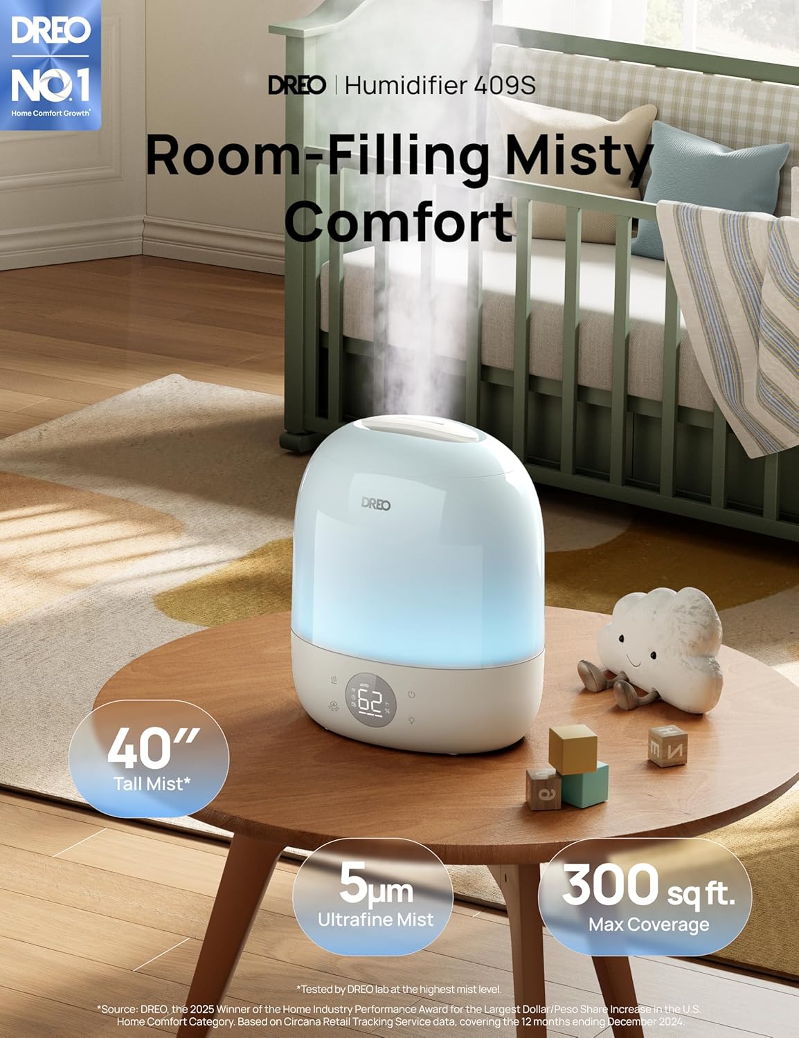 DREO Humidifiers for Bedroom - 30H Max Runtime & RGB Night Light & Sleep Trainer, Ultra Quiet 28dB Cool Mist Humidifier, Top Fill Smart Air Humidifier for Plants, Perfect for Baby & Nursery, HM409S