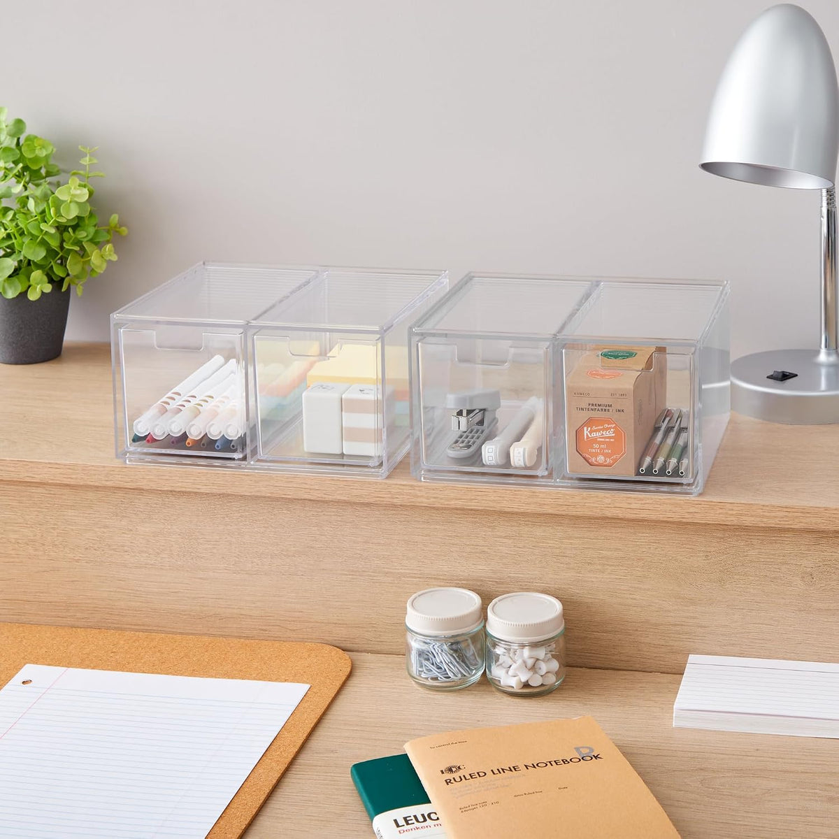 STORi Stackable Desk Organizer drawers, Clear Pen Pencil Makeup Brush drawers for Desktops and Vanities, 4 Tall Drawers (Made in USA)
