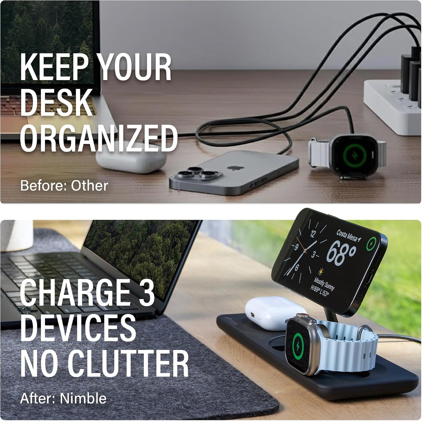 Nimble Podium 3-in-1 Wireless Charging Station for Apple, Qi2-Certified | 15W Magsafe Charger Stand with Adapter, USB-C Cable, Wireless Charger for iPhone 17/16/15/14/13, Apple Watch, Airpod Series