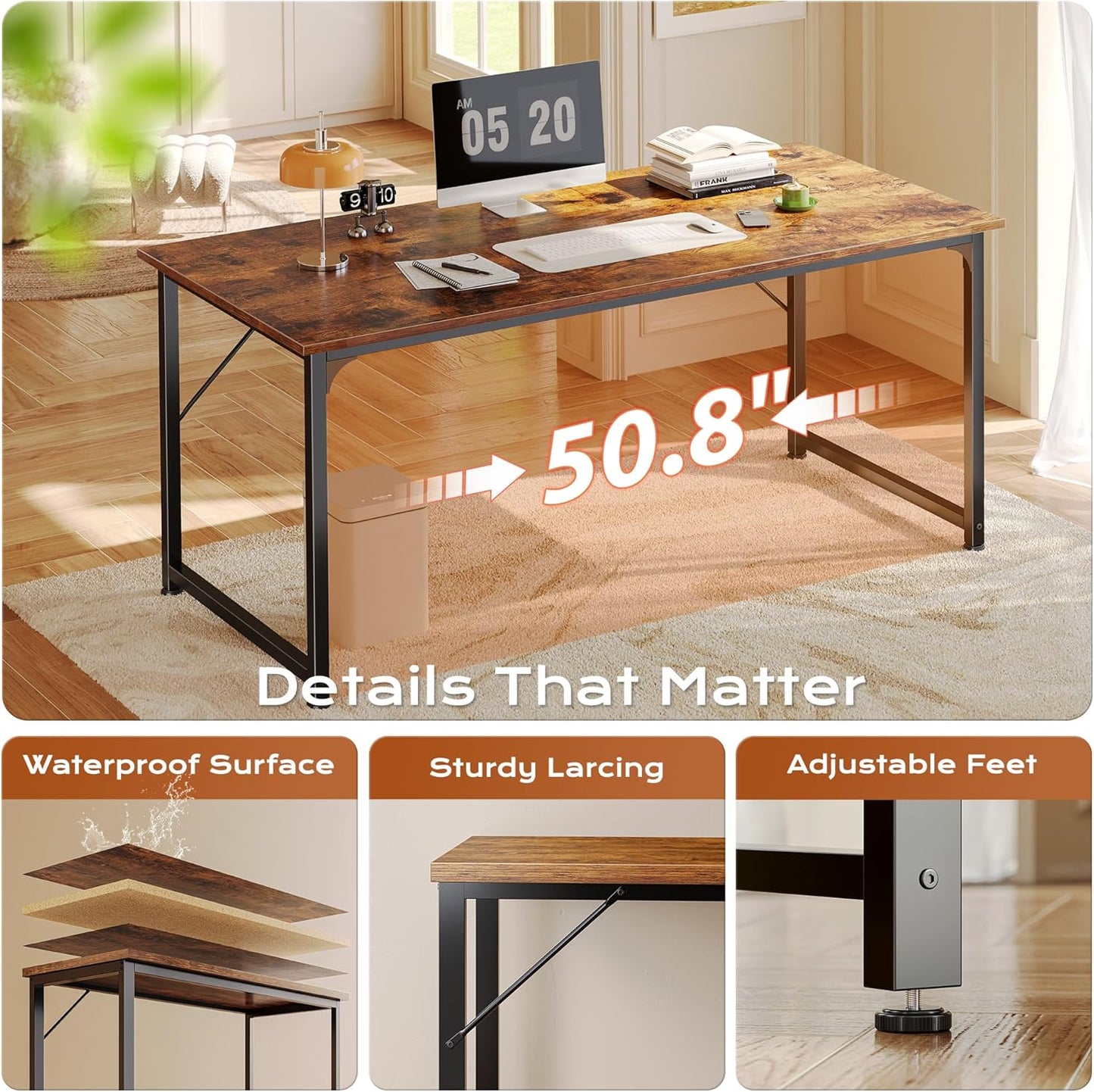 PRAISUN 55 X 24 Inch Computer Desk with Deeper Desktop, Gaming Office Writing Work Desk for Home Office, Study, Bedroom, Work from Home, Metal Frame, Rustic Brown