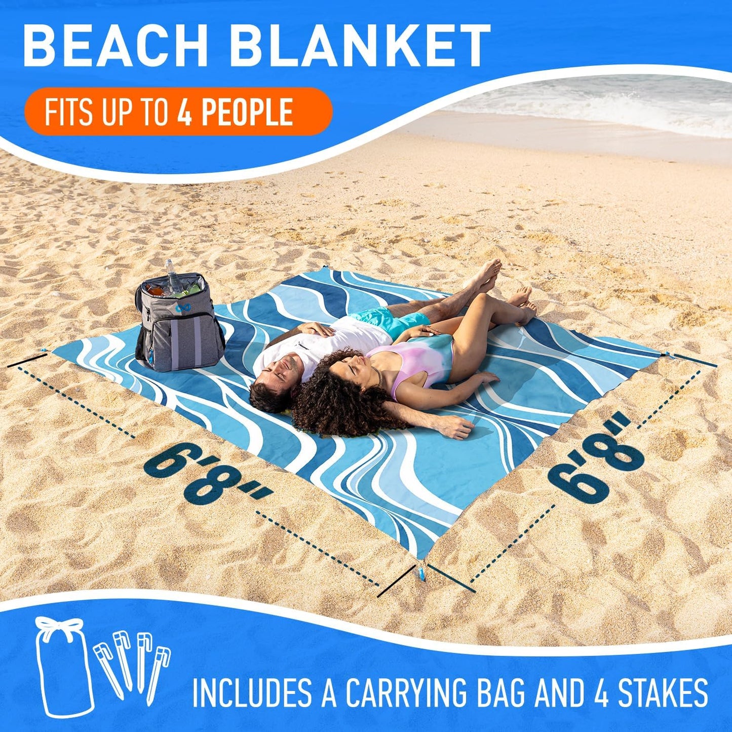 Everlasting Comfort Large Beach Blanket Waterproof & Sandproof - 80" x 80"/ 6.7ft x 6.7ft - Lightweight Picnic Mat, Camping Necessities for 4 People - Accessories for Outdoor Festivals - Blue