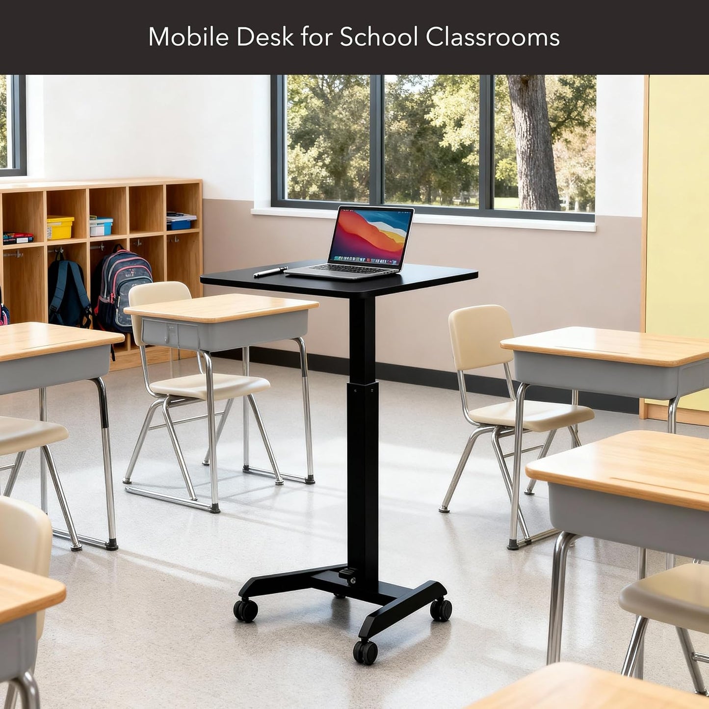 Mount-It! Rolling Laptop Desk Adjustable Height (29.6”-44.2”), Mobile Workstation Cart with 23.6” x 20.5” Desktop, Small Sit-Stand Desk for Home, Office, or Classroom in Black