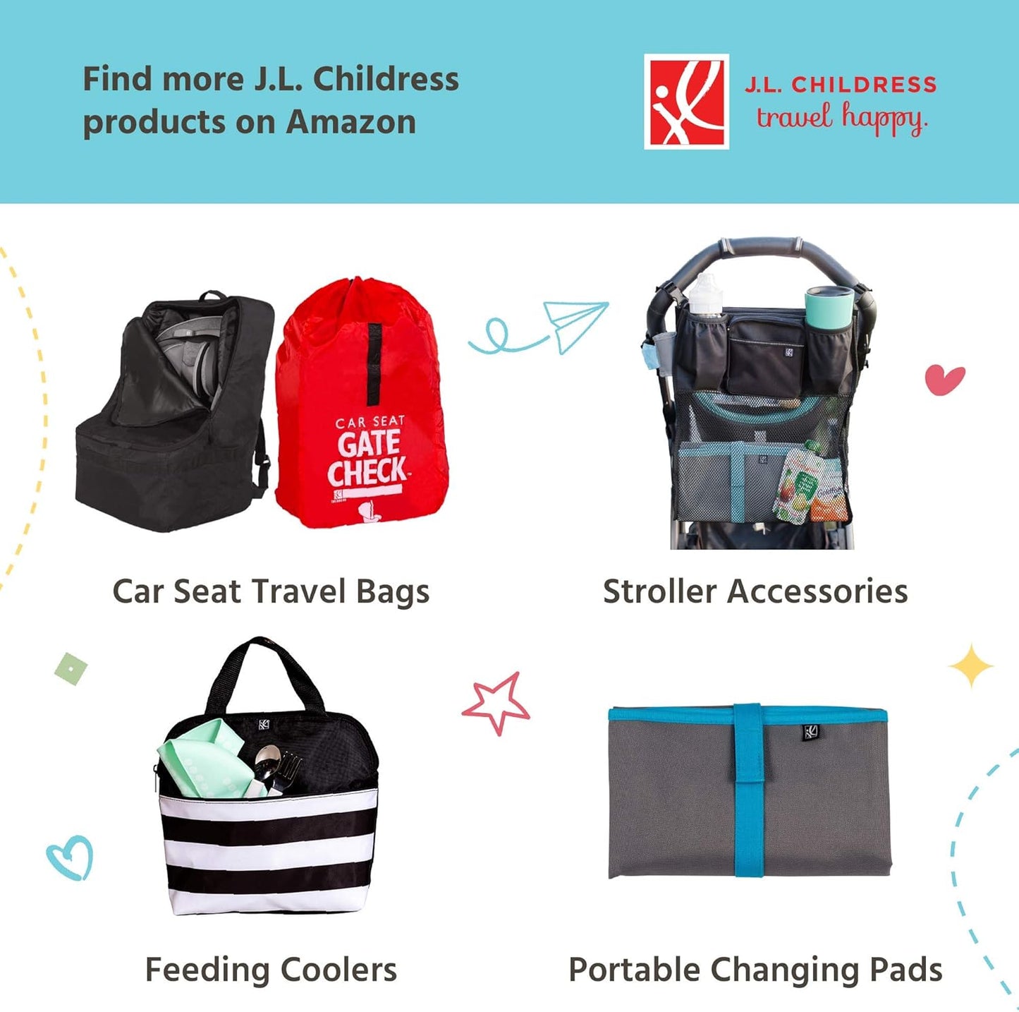 J.L. Childress Gate Check Bag for Single & Double Strollers - Travel Bag for Airplane, Fits Most Standard Baby Strollers, Airport Accessories for Gate Check, Flying Essentials - Deluxe, Grey