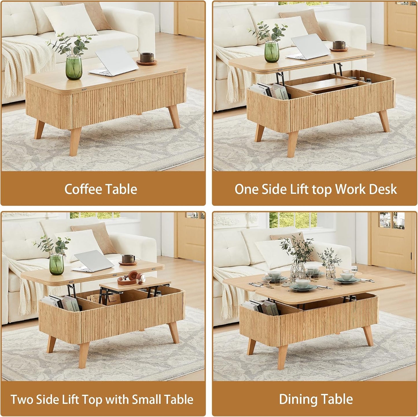 3 in 1 Lift Top Coffee Table, Fluted Convertible Coffee Tables Converts to Dining Tables, Modern Oval Wooden Center Table with Storage for Living Room Office Small Space, Partial Assembly (Natural)