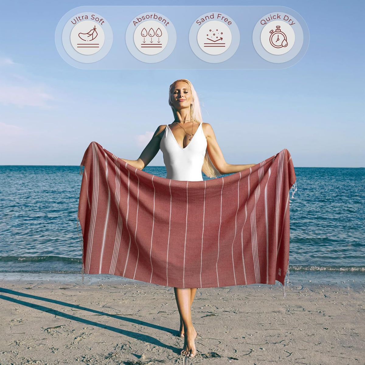 Ossano Turkish Beach Towel Striped & Soft Extra Large (39" x 71") - Quick Dry, Versatile and Functional as Yoga Mat, Gym, Outdoor and Shower Towel, Travel and Picnic Blanket - Red