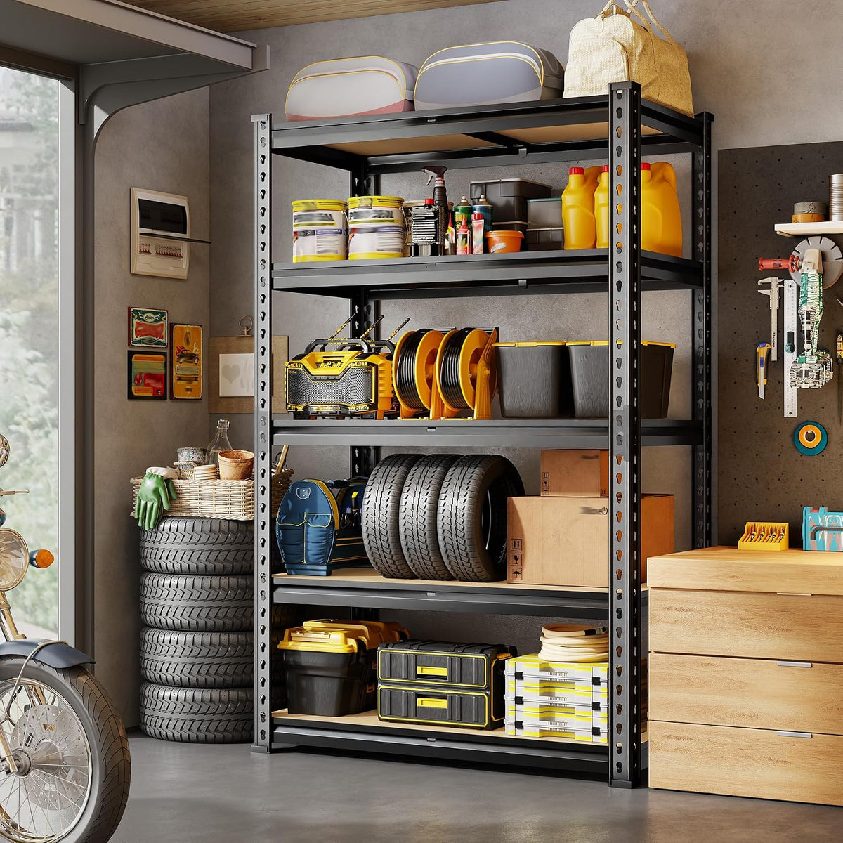 DurayLoly 72.12" H Garage Shelving, Storage Shelves Load 2100LBS, 5-Tier Adjustable Shelving Unit with Thickened Wooden Boards for Multiple Scenarios, 72.12" H x 35.55" W x 11.85" D, Black, 4 Pack