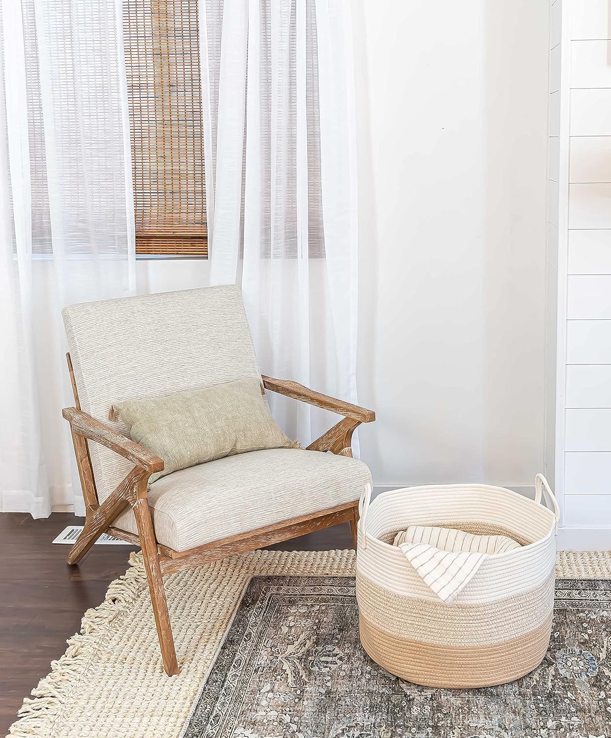 OrganiHaus Round Toy Basket & Blanket Basket, Cotton Rope 20x13" | 3-Toned Honey - Round Cotton Rope Basket, 20x13"