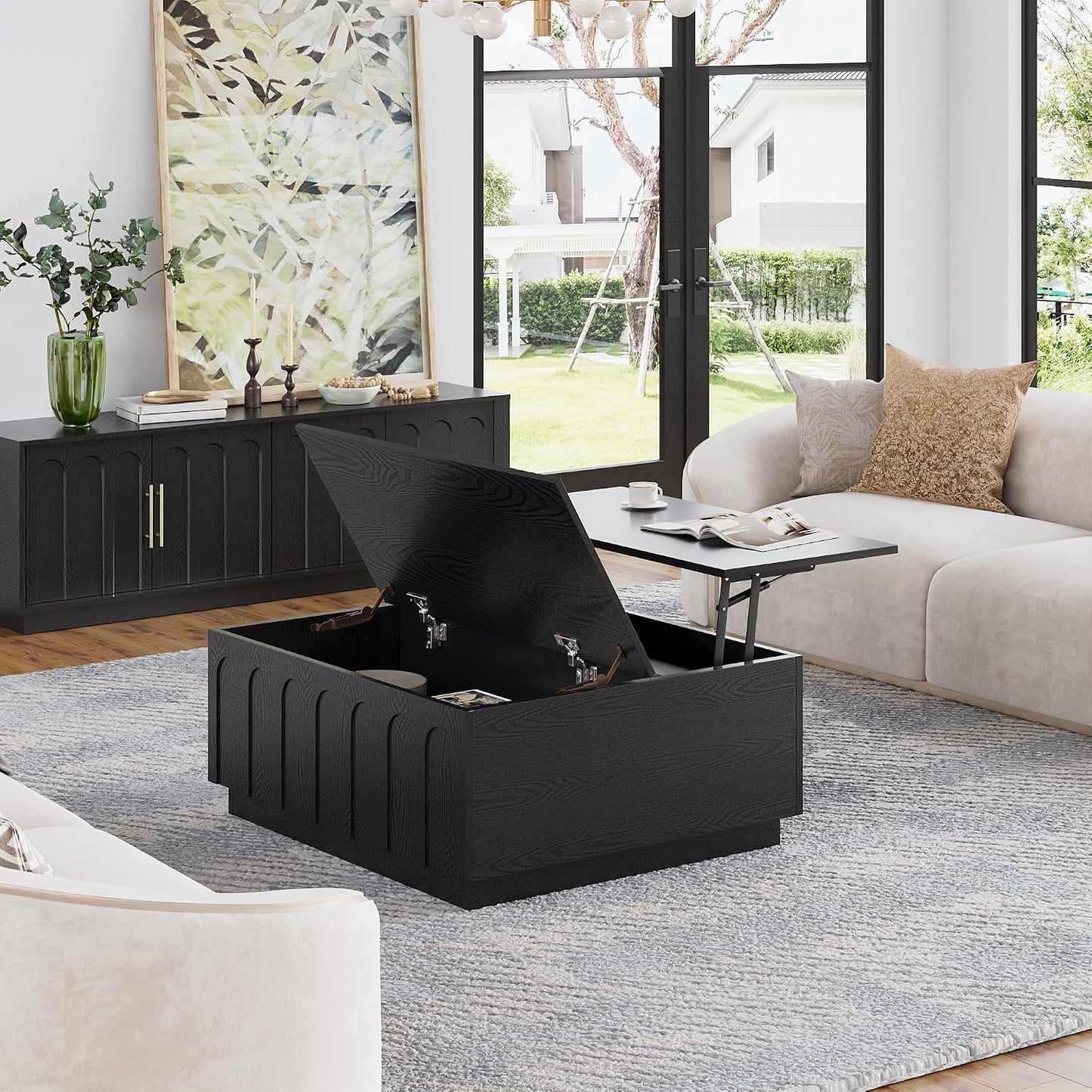 FORTUNETEC 31.5" Lift Top Coffee Table with Storage, Arched Design, Black | Modern Coffee Table, Square Tea Table, Minimalist Multifunctional Center Table, Wood Grain Texture, Living Room, Office