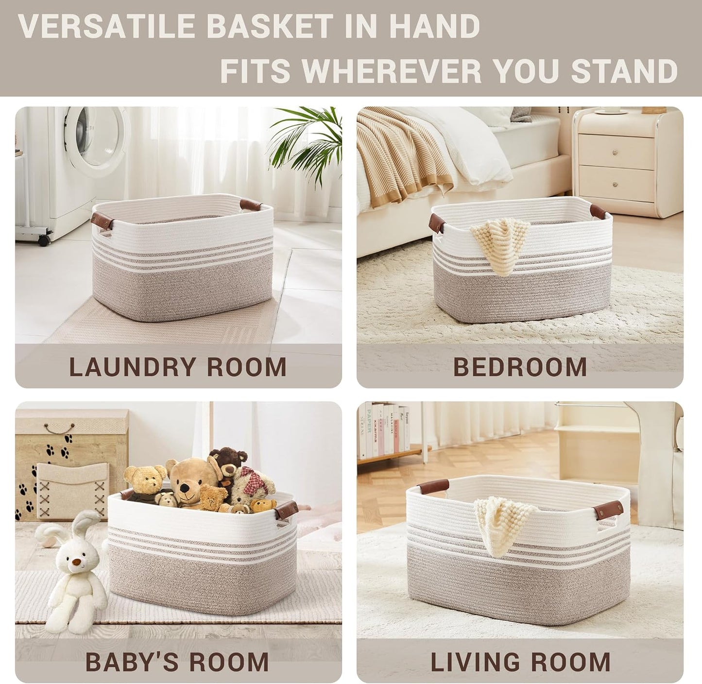 72L Large Woven Laundry Basket Hamper with Leather Handles,Brown