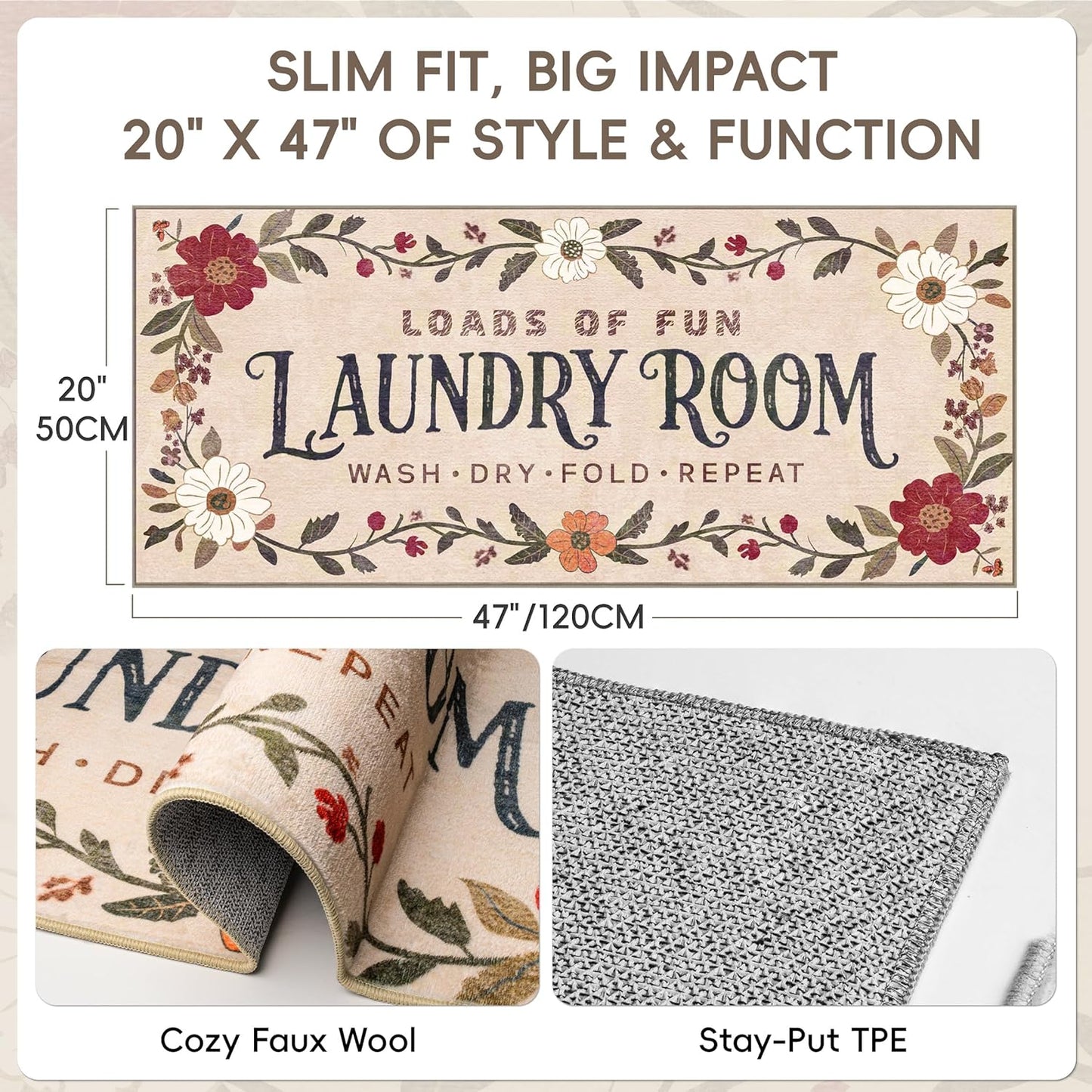 Laundry Room Rug 20"x47" – Low-Profile Boho Non-Slip Runner Rug with TPE Backing, Durable Washable Soft Laundry Mat, Comfortable Floor Mat for Laundry Room Organization, Fits Washer Front, Kitchen Mat