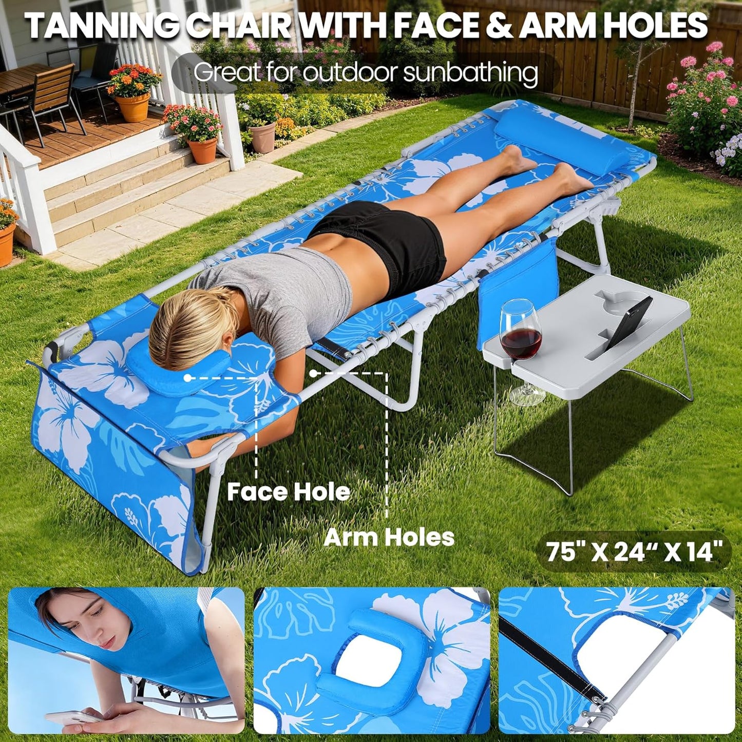 KingSom Sun Tanning Chair with Face Hole,Beach Lounge Chair with Folding Side Table,6-Position Recliner Chaise Lounge Chair,Pool Lounge Chair Outdoor Lay Flat with Pillow & Pocket,Max 350lbs-White