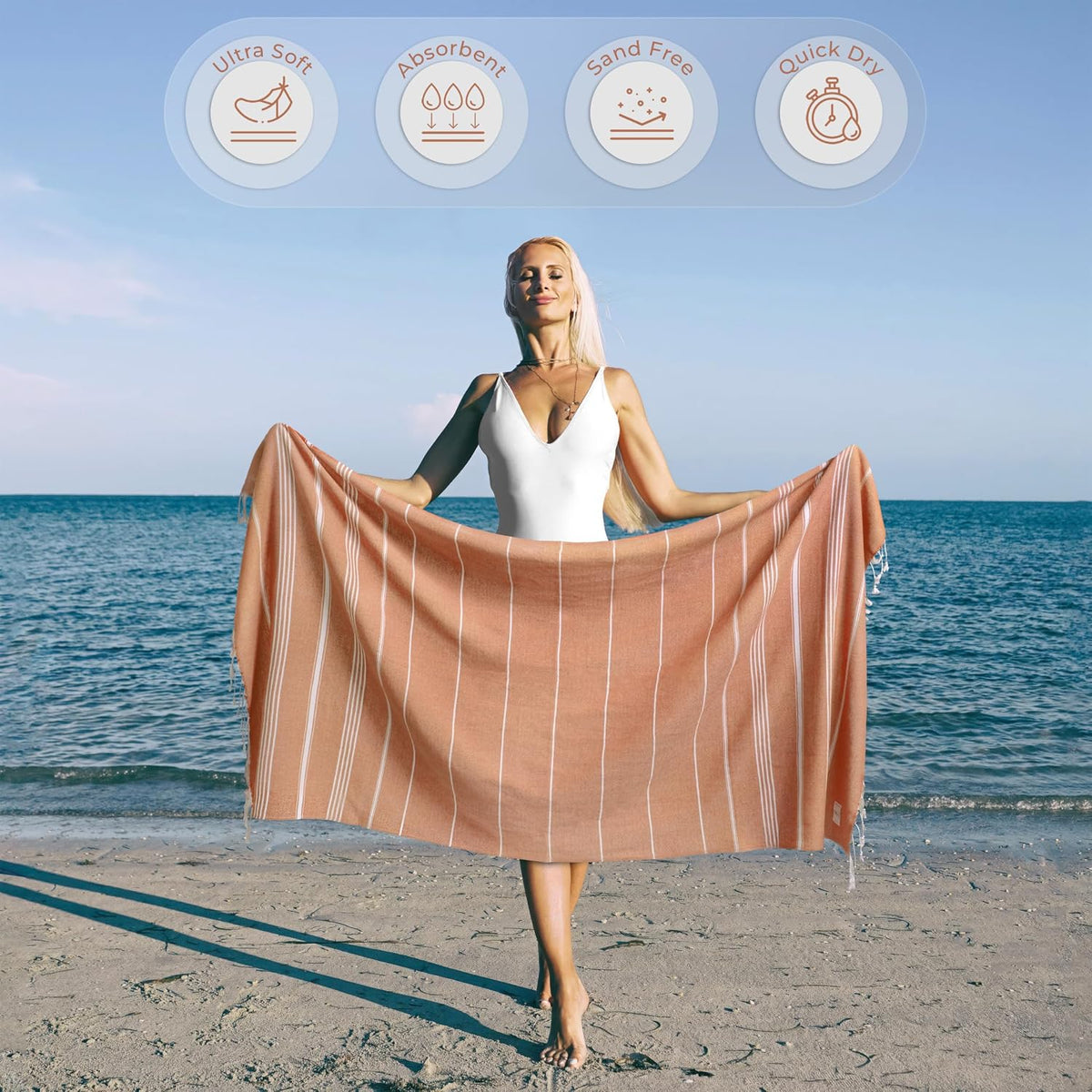 Ossano Turkish Beach Towel Quick Dry & Lightweight Extra Large (39" x 71") - Decorative, Versatile and Functional as Yoga Mat, Picnic Blanket, Travel Blanket, Gym, Camping and Bath Towels - Salmon
