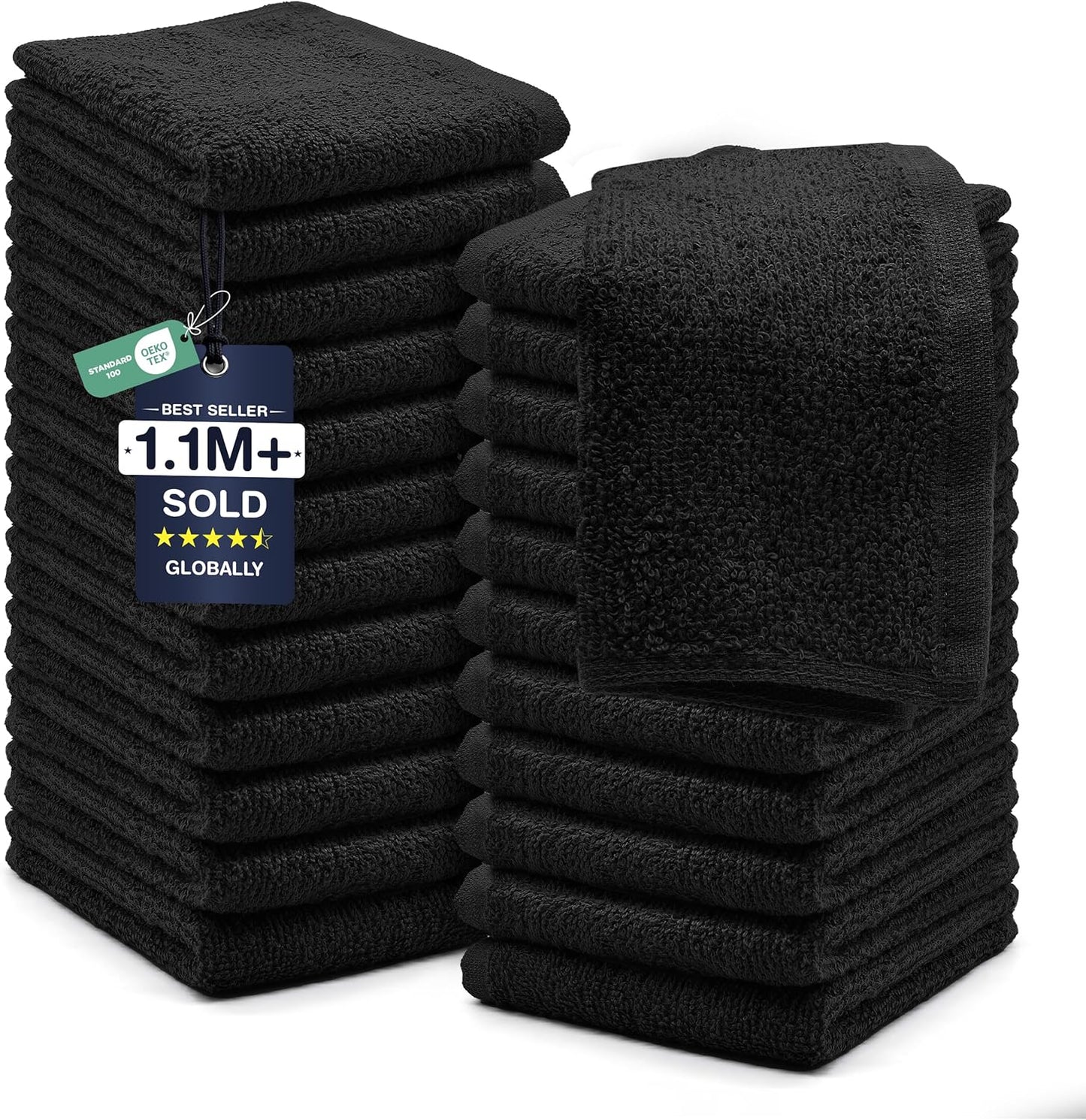 DAN RIVER 24 Pack Wash Cloths for Showering [12x12] - 100% Cotton Washcloths Premium Quality Flannel Face Cloths for Bathroom, Highly Absorbent and Soft Feel Wash Clothes, Black