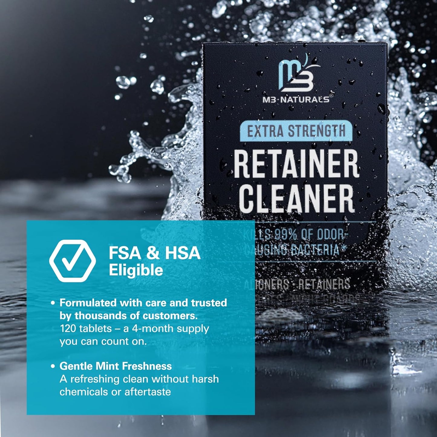 Retainer Cleanser Tablets Invisalign Cleaner, Removes Odors Discoloration Stains and Plaque 4 Month Supply Denture Cleansers Retainers Mouth Guards Denture Bath Mint by M3