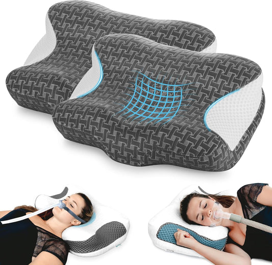 Elviros 2 Pack CPAP Pillow for Sleeping, Ergonomic Adjustable Height Neck Support Memory Foam Bed Pillow for CPAP Users with Sleep Apnea, Suitable for Side and Back Sleepers