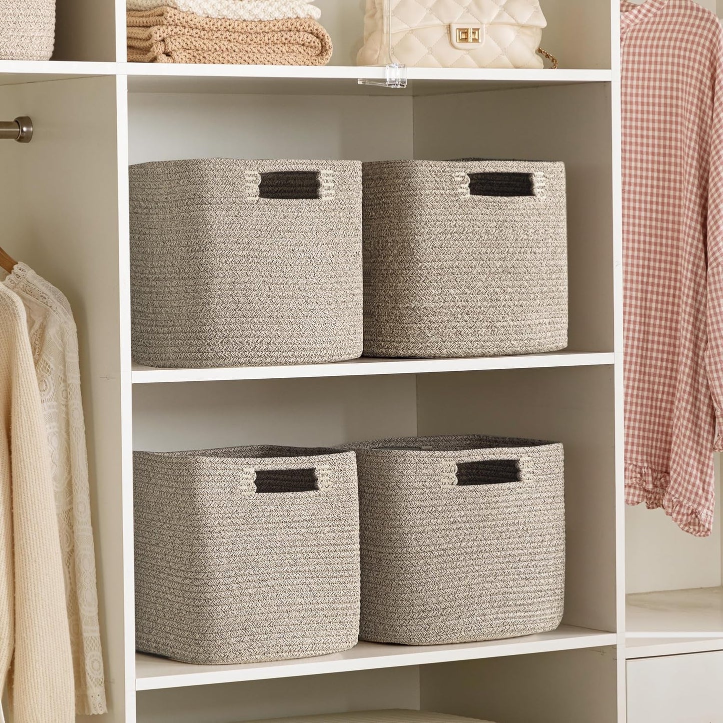 UBBCARE Set of 4 Storage Basket-12 X 12 X 12 in, Cotton Rope Basket for Shelves, Toys, Book, Cube Storage Bins with Handles, Woven Storage Baskets for Organizing, Mix-Brown