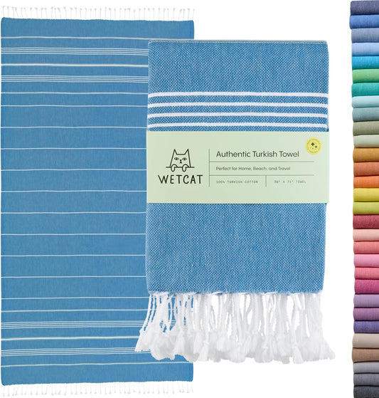 WETCAT Turkish Beach Towel Oversized (38"x71") 100% Turkish Cotton, Made in Turkey - Sand Free, Extra Large, Ultra Soft, Quick Drying, Compact & Lightweight for Travel - Blue
