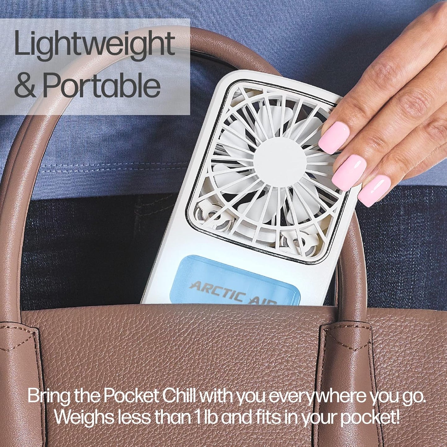 Arctic Air Portable Fan, Pocket Chill Handheld Mini Fan, Rechargeable Personal Air Cooler with Hydro-Chill Technology, 3 Speeds & Built-in-Kickstand, Cordless for Travel, Indoor or Outdoor Use