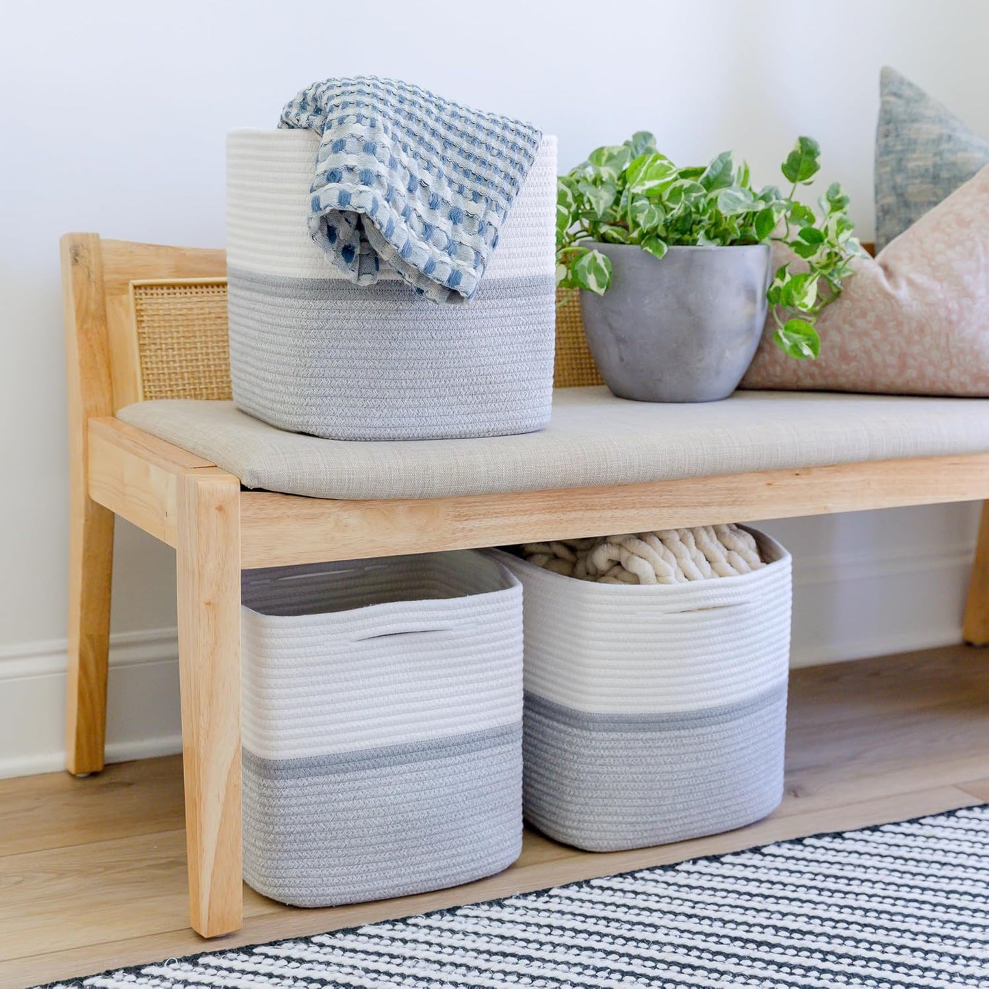 NaturalCozy Storage Cubes 11 Inch Cotton Rope Woven Baskets for Organizing, 3-Pack | Cube Storage Bin | Square Storage Baskets for Shelves Organizer, Classroom, Kids Toy Bins, Closet, Baby Nursery