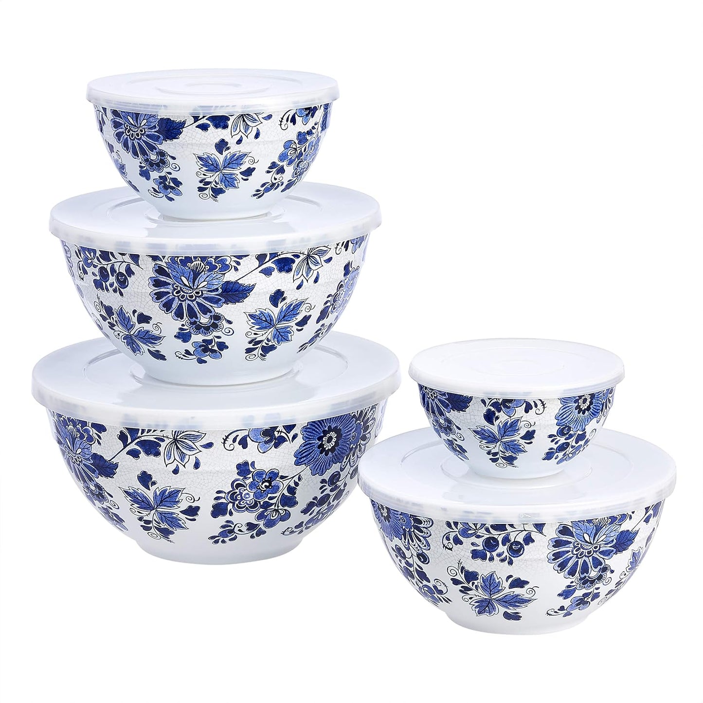 Amazon Basics Mixing Bowls with Lids, Nesting Melamine Serving Bowls, Non-Slip Base, BPA Free, Dishwasher Safe, 5 Sizes, Blue and White Floral, Set of 10
