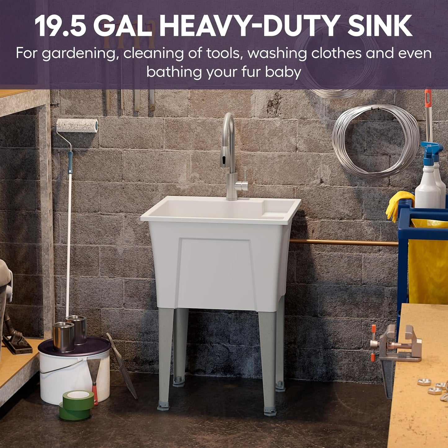 Standing Utility Sink with Steel Legs – 24” Space Saver Utility Sinks for Laundry Room, Garage, Garden, Basement – Noah William Home Indoor and Outdoor Basement Wash Tub (WHITE)